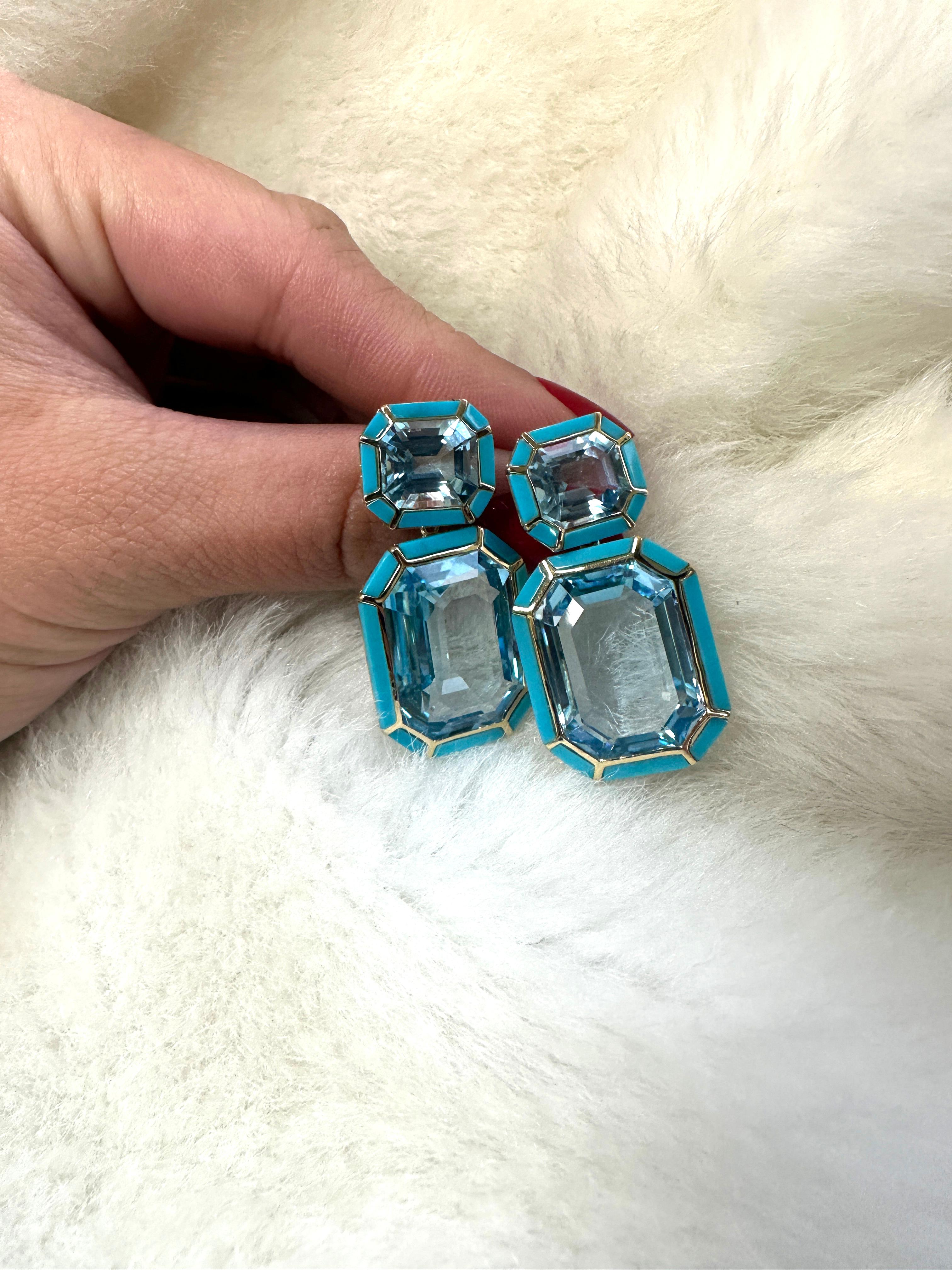Contemporary Goshwara Blue Topaz and Turquoise Emerald Cut Earrings For Sale