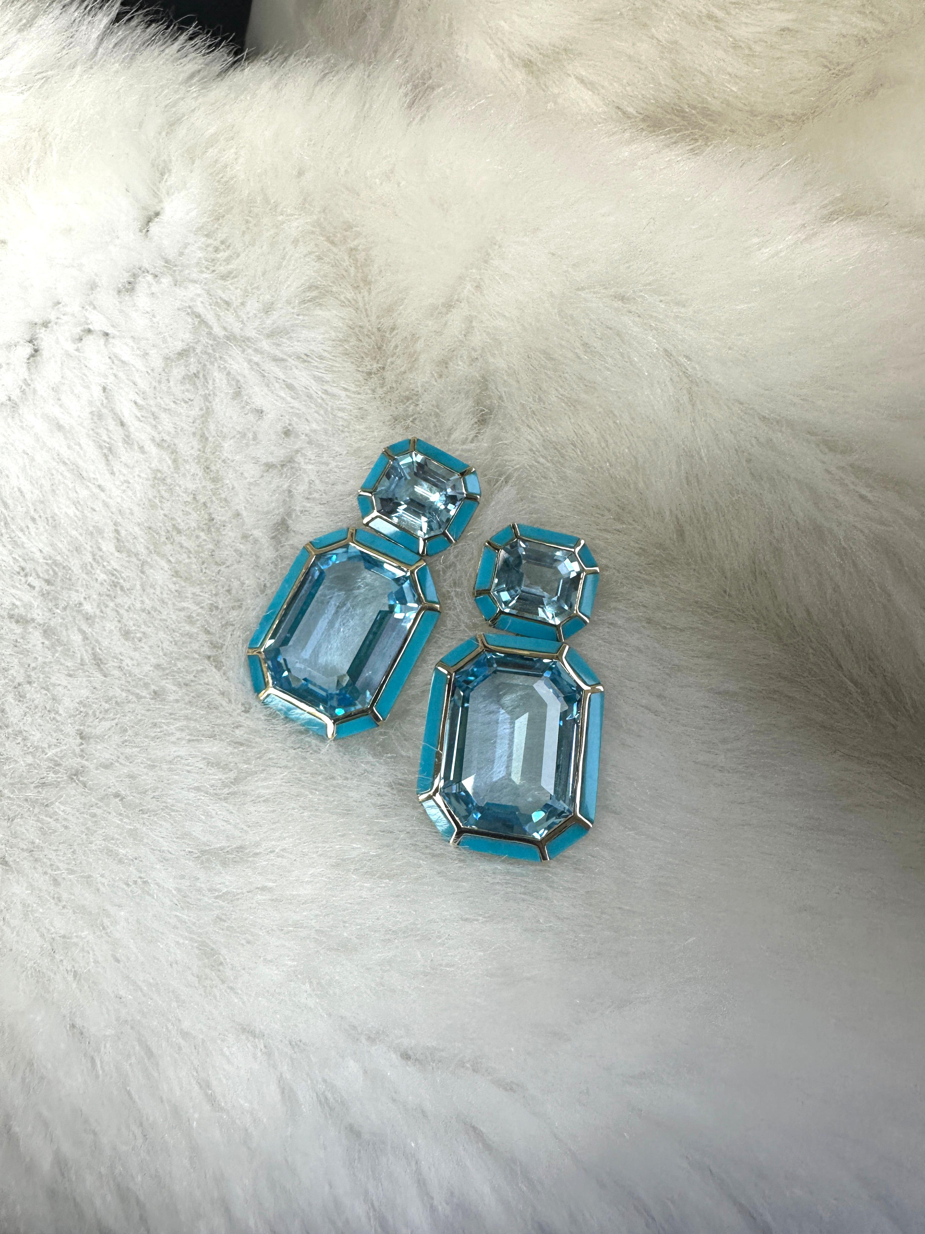 Women's or Men's Goshwara Blue Topaz and Turquoise Emerald Cut Earrings For Sale
