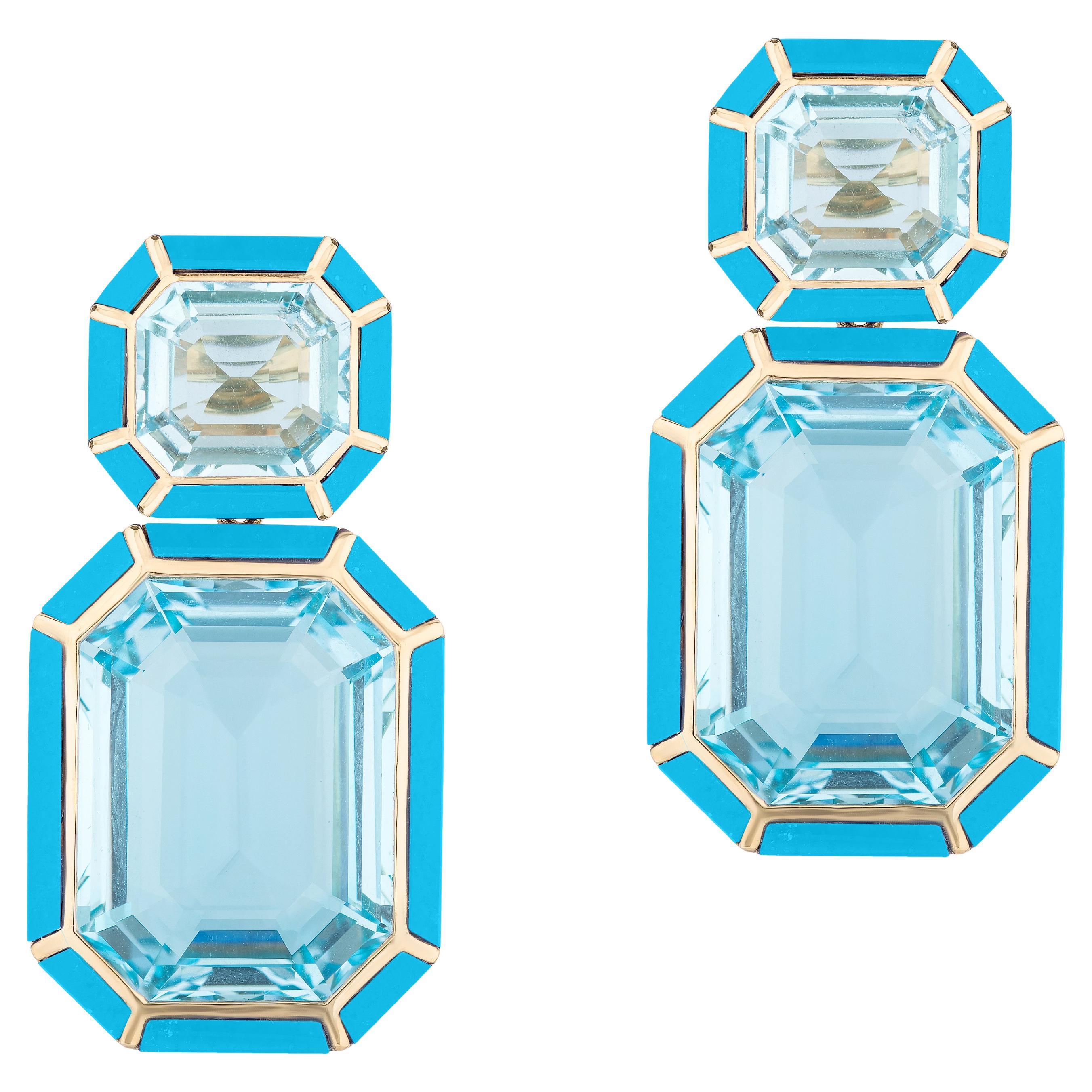 Goshwara Blue Topaz and Turquoise Emerald Cut Earrings For Sale