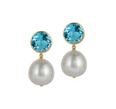 Goshwara Blue Topaz Bezel Set with Pearl Earrings