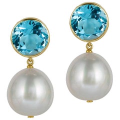 Goshwara Blue Topaz Bezel Set with Pearl Earrings