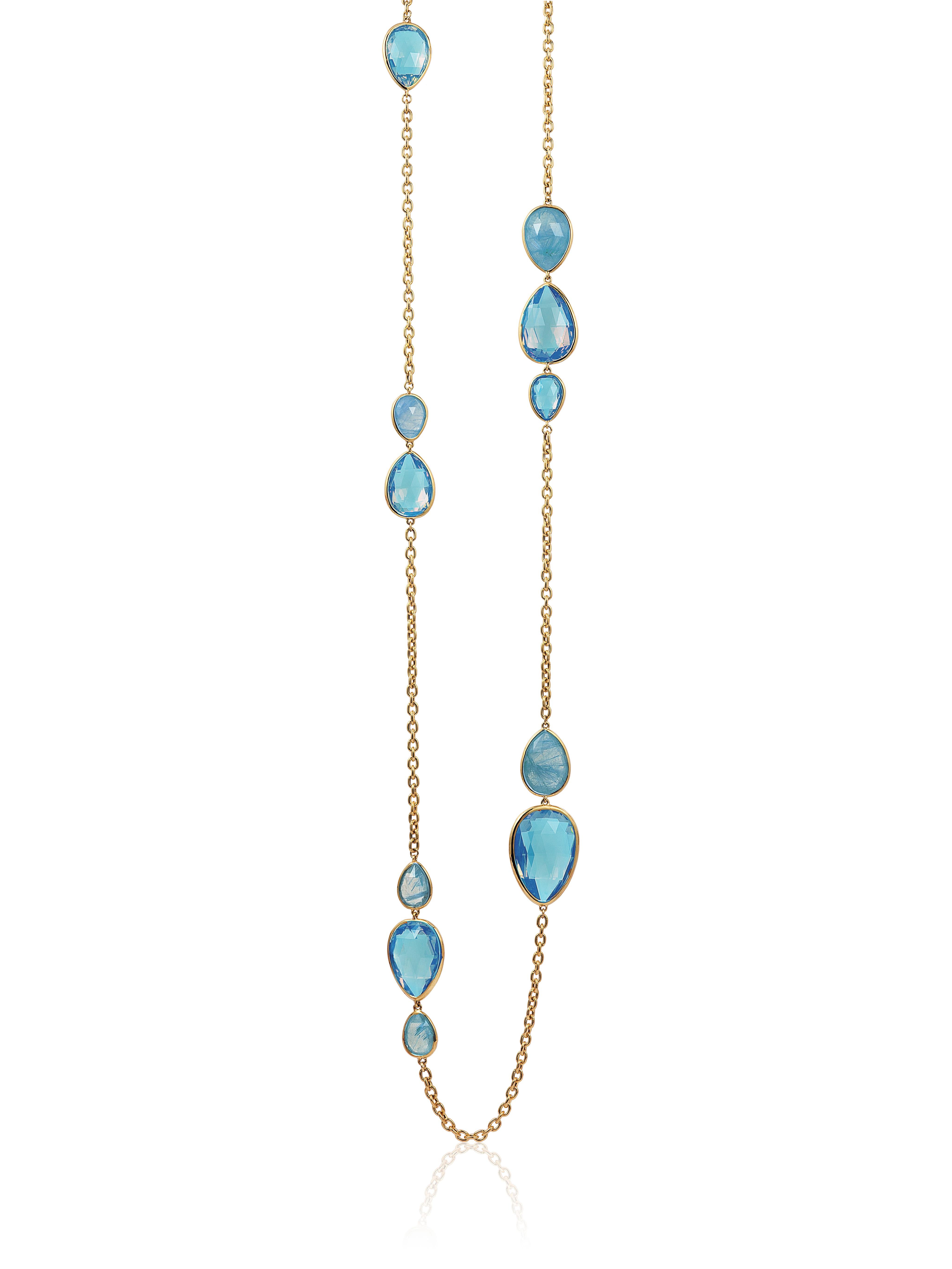 Blue Topaz Pear Shape Briolette Necklace on Oval Link Chain in 18K Yellow Gold, from ‘Gossip’ Collection  
Length: 36