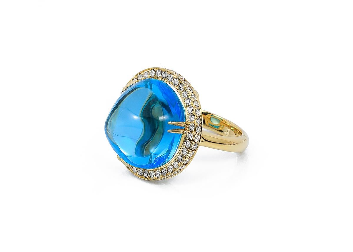 Round Cut Goshwara Blue Topaz Cabochon and Diamond Ring