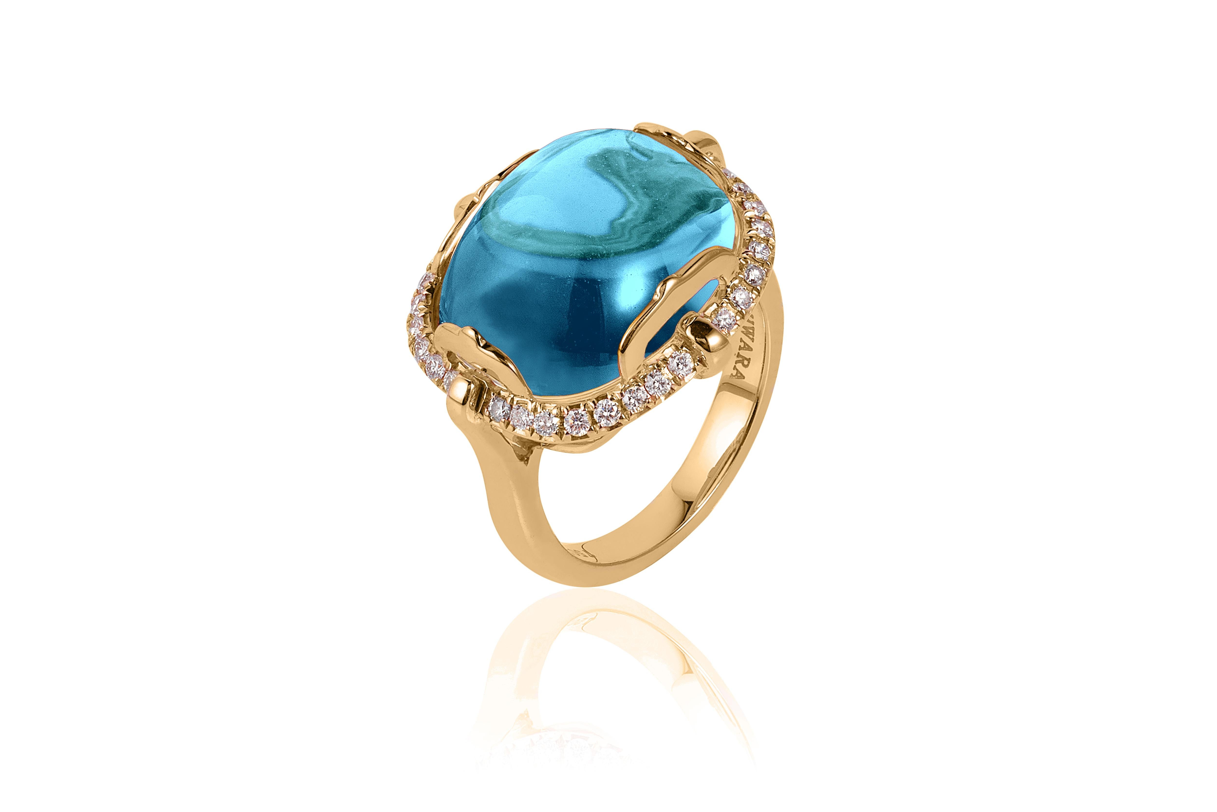 Blue Topaz Cushion Cabochon Ring in 18K Yellow Gold with Diamonds from 'Rock 'N Roll' Collection

Stone Size: 16 x 13 mm 

Gemstone Approx Wt: Blue Topaz- 15.6 Carats

Diamonds: G-H / VS, Approx Wt:0.34 Carats