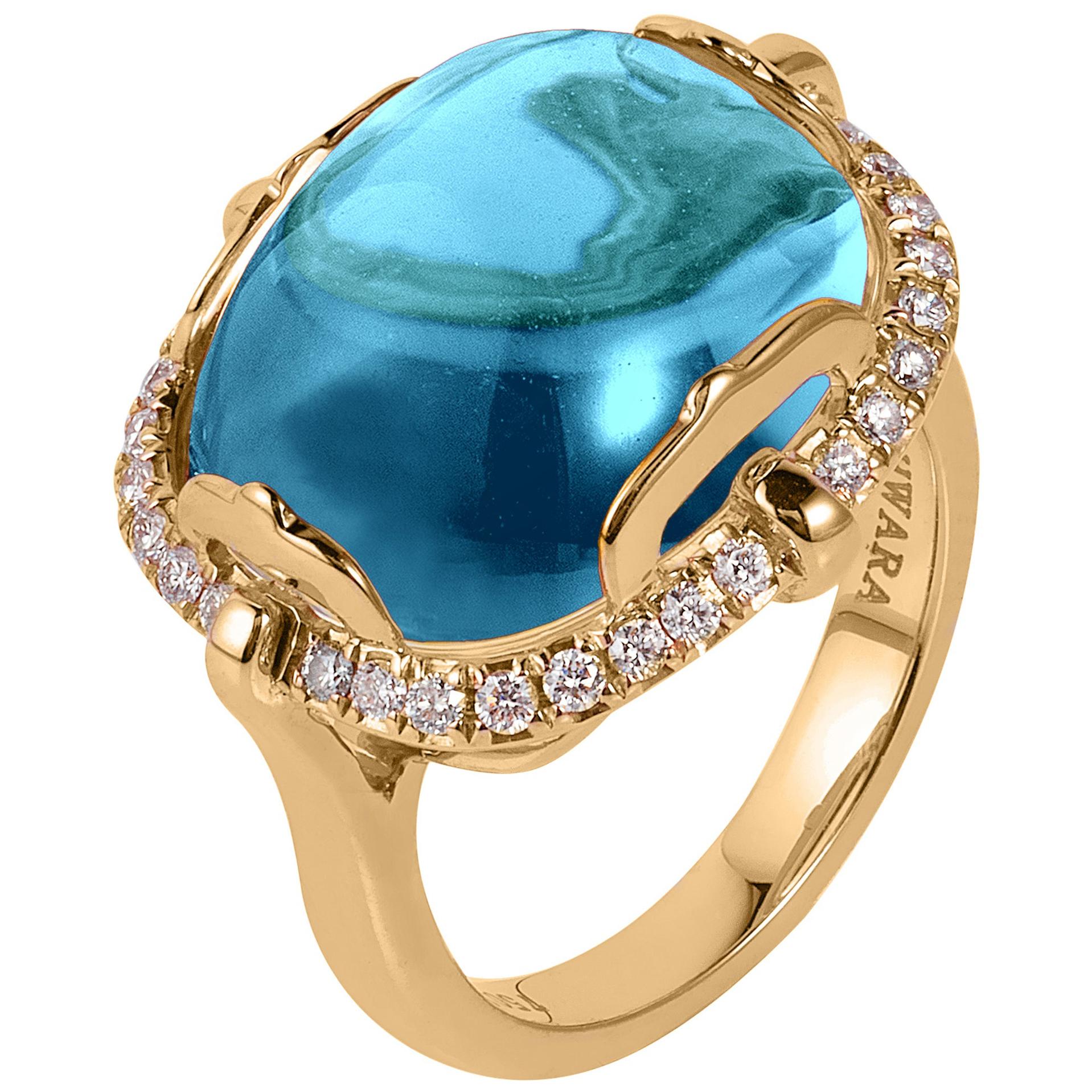 Ring mit blauem Topas im Kissen-Cabochon-Schliff und Diamanten