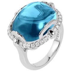 Goshwara Blue Topaz Cushion Cabochon and Diamond Ring
