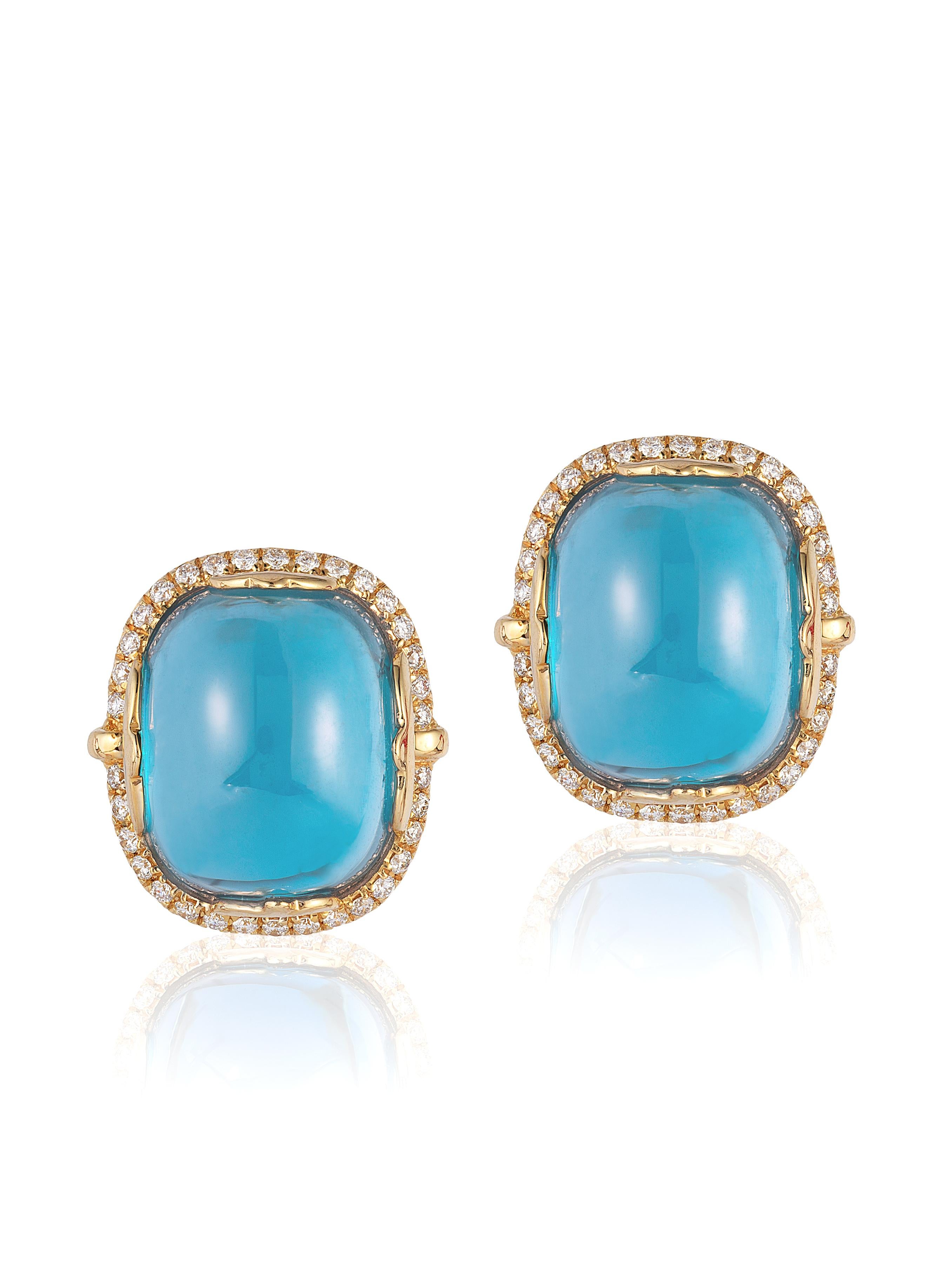 Contemporary Goshwara Blue Topaz Cushion Cabochon with Diamond Earrings For Sale