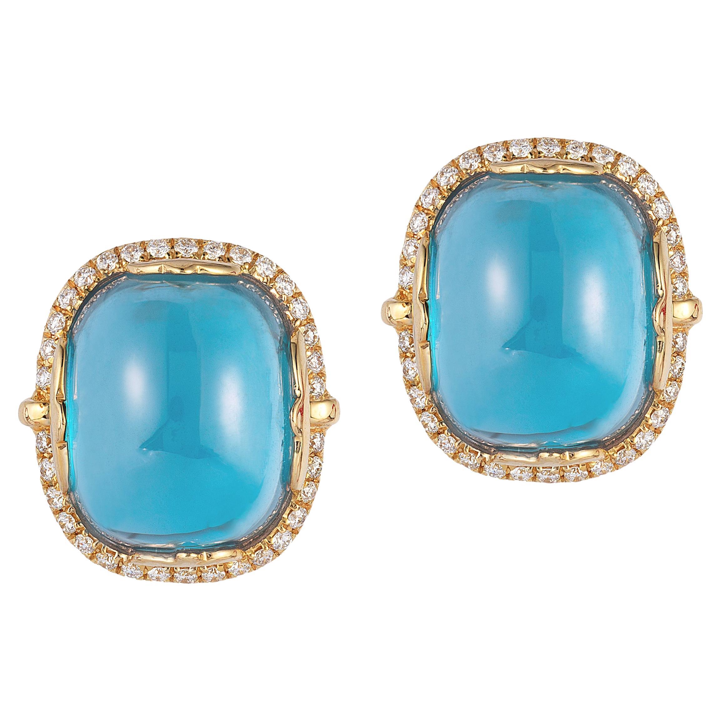 Goshwara Blue Topaz Cushion Cabochon with Diamond Earrings For Sale