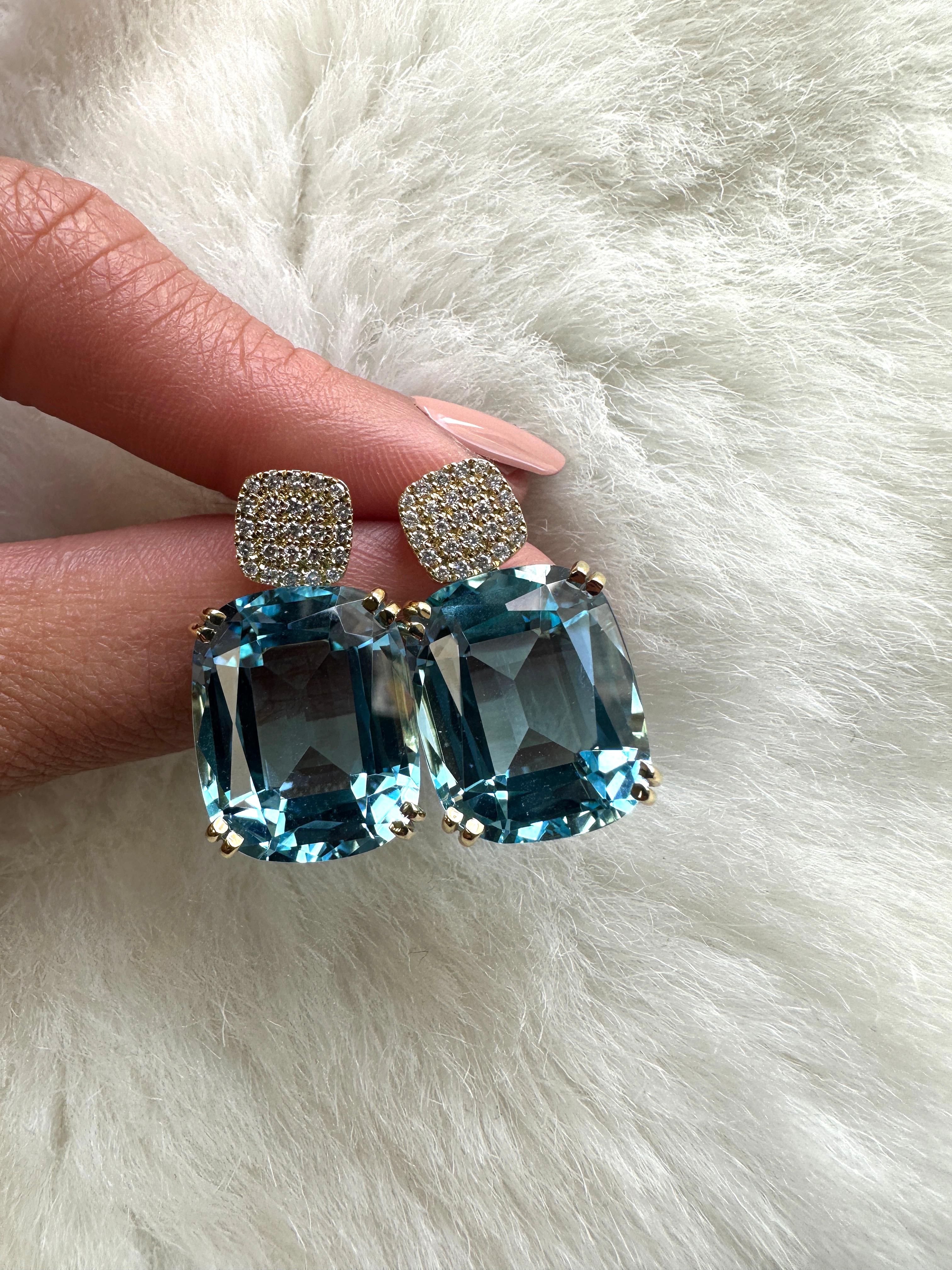 Introducing the stunning Blue Topaz Cushion & Diamonds Earrings from our popular 'Gossip' Collection. 
The focal point of these earrings is the mesmerizing blue topaz cushion-cut gemstone. The cushion-cut shape adds a touch of vintage charm, while