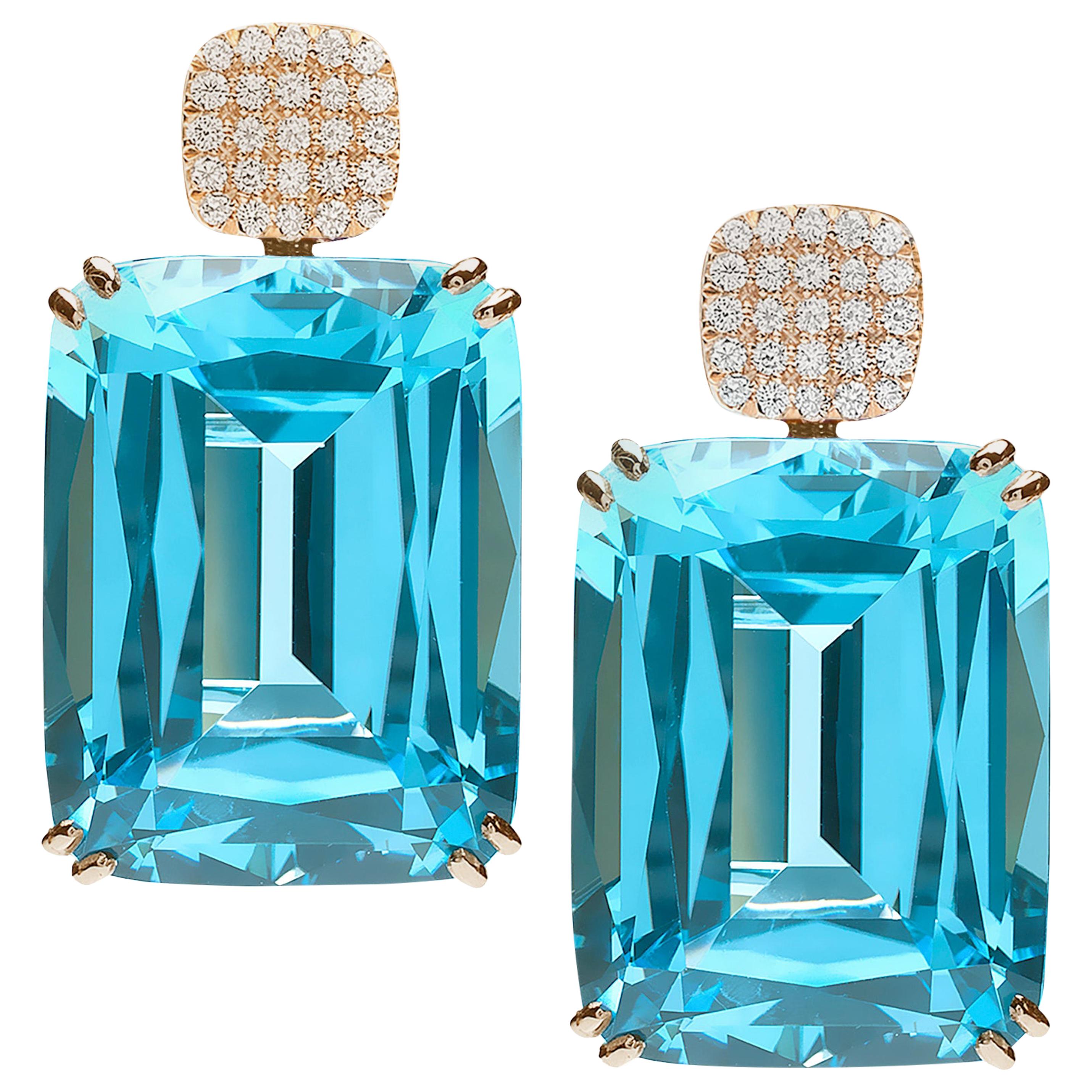 Goshwara Blue Topaz Cushion with Diamonds Earrings For Sale