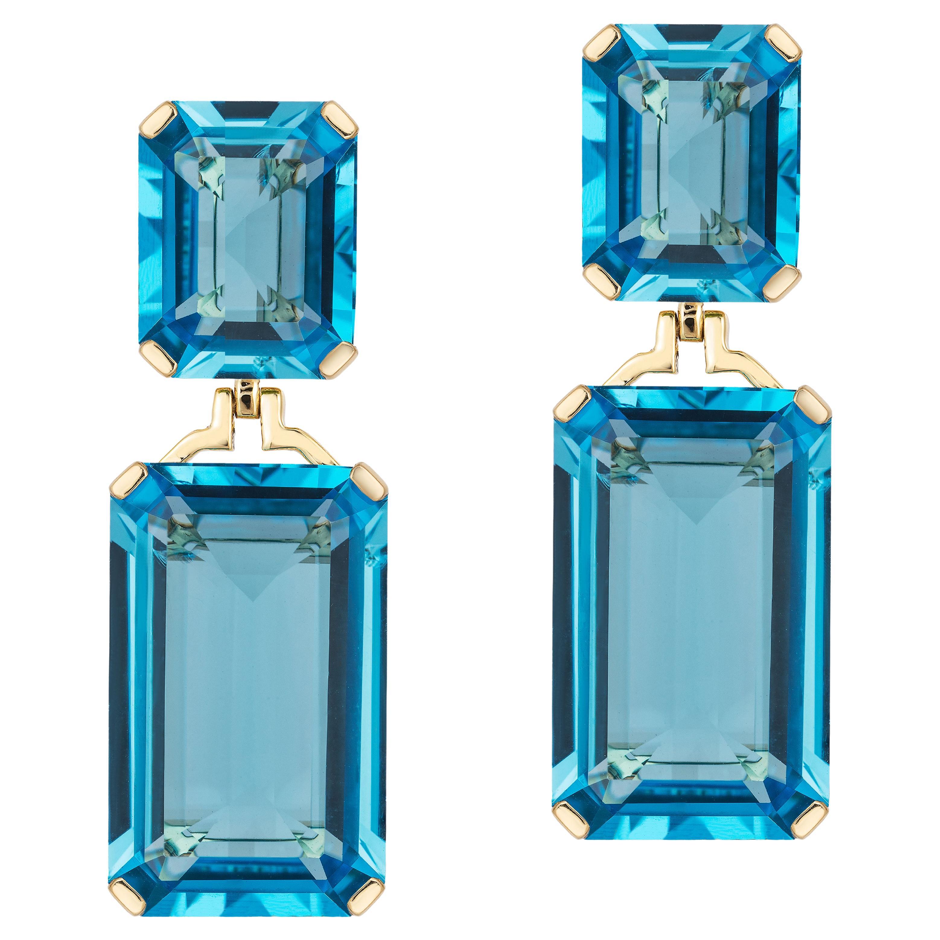 Goshwara Double Emerald Cut Blue Topaz Long Earrings For Sale at 1stDibs