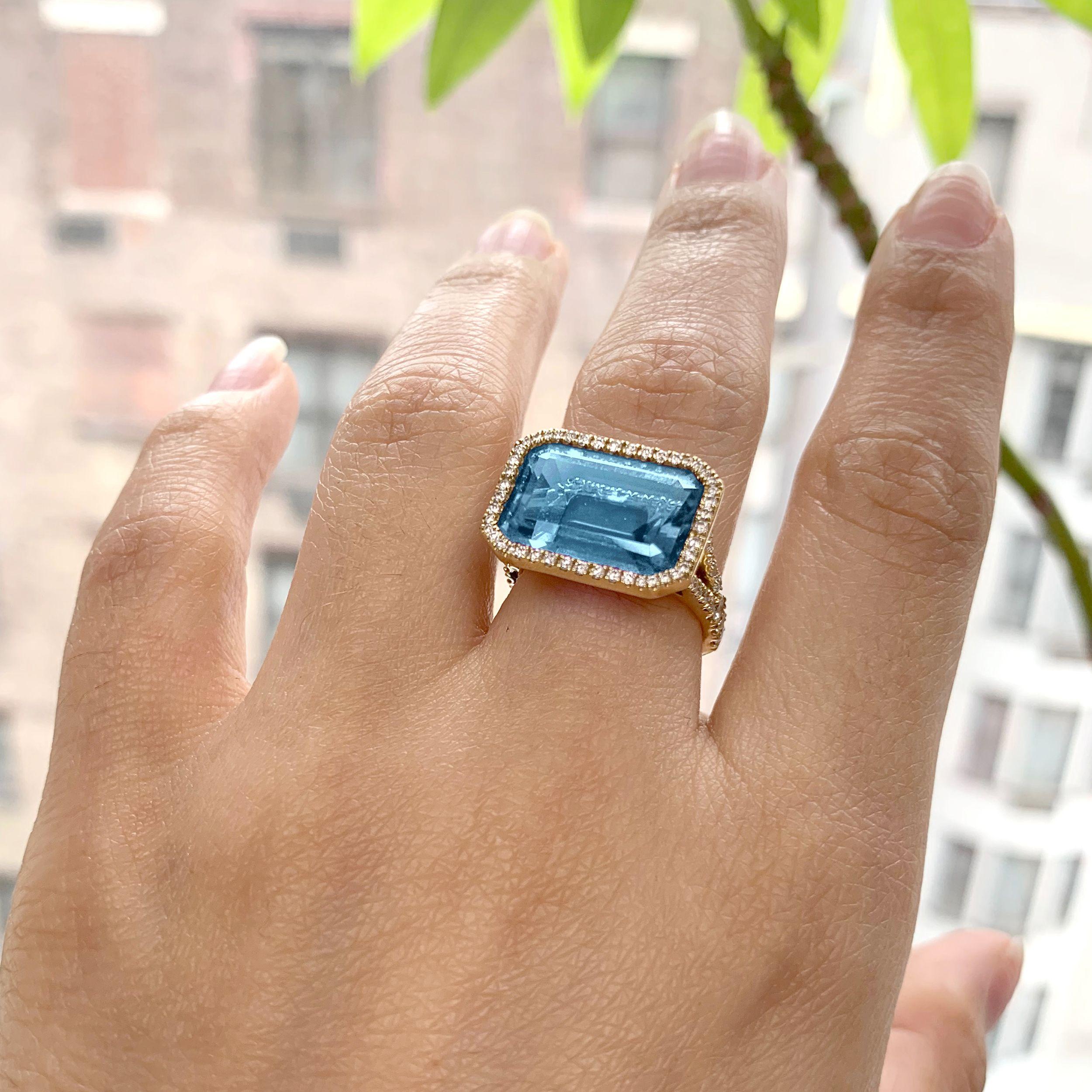 Blue Topaz East-West Emerald Cut Ring With Diamonds in 18K Yellow Gold, From 'Gossip' Collection

Stone Size: 10 x 15 mm

Gemstone Approx Wt: Blue Topaz- 9.70 Carats

Diamonds: G-H / VS, Approx Wt: 0.78 Carats 