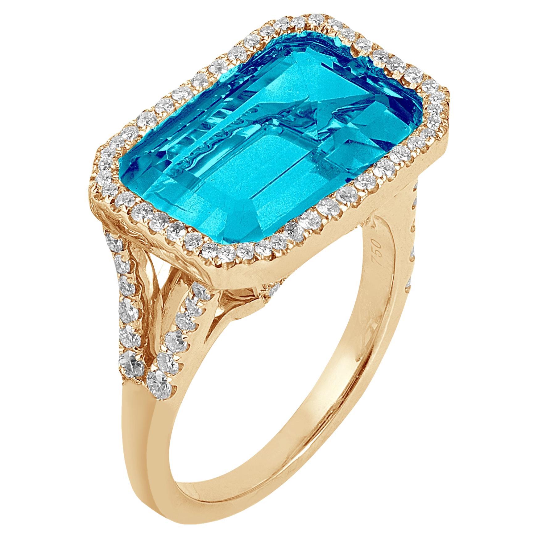 Goshwara Blue Topaz East-West with Diamonds Emerald Cut Ring For Sale