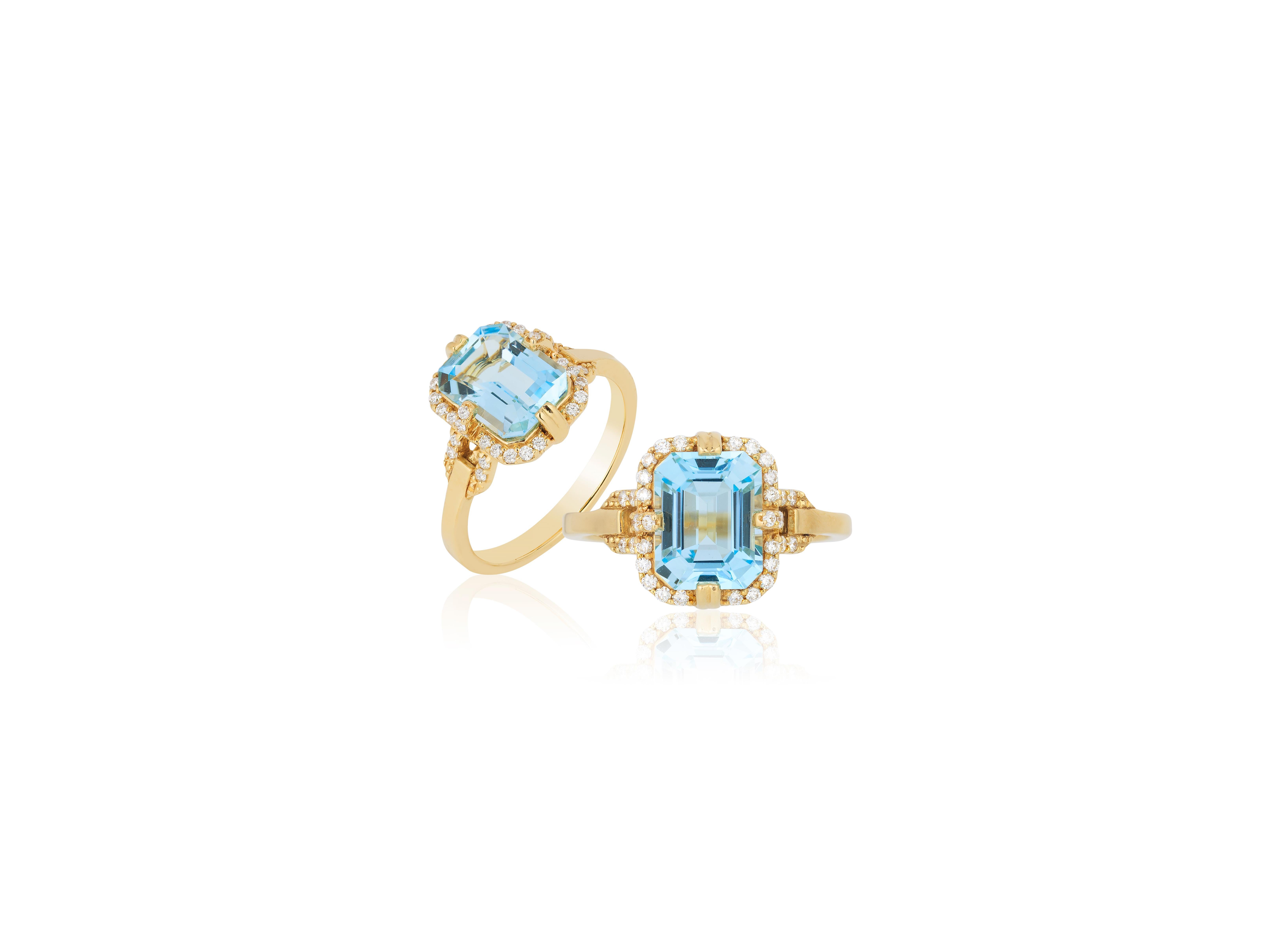 Blautopas-Ring mit Smaragdschliff aus 18 Karat Gelbgold mit Diamanten aus der Kollektion 'Gossip'. Wie jedes gute Stück Klatsch und Tratsch hat auch diese Sammlung einen gewissen Schockwert. Sie werden alle in Spannung versetzen, was Goshwara als