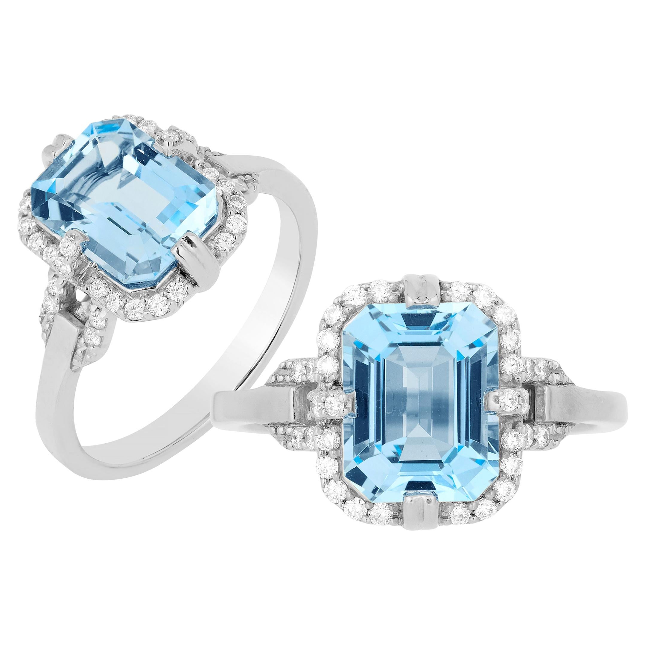 Goshwara Blue Topaz Emerald Cut and Diamond Ring For Sale