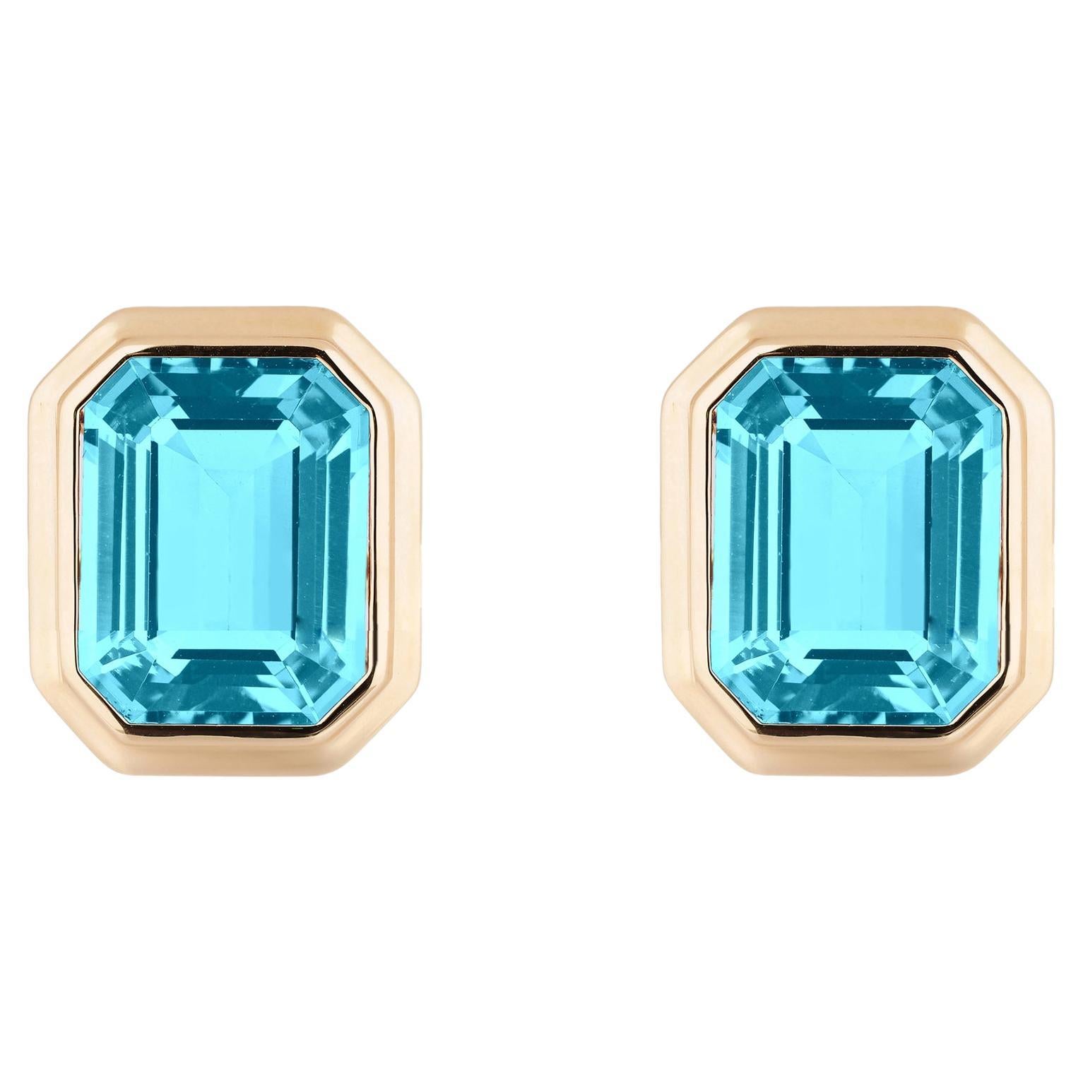 Goshwara Blue Topaz Emerald Cut Bezel Set Stud Earrings For Sale