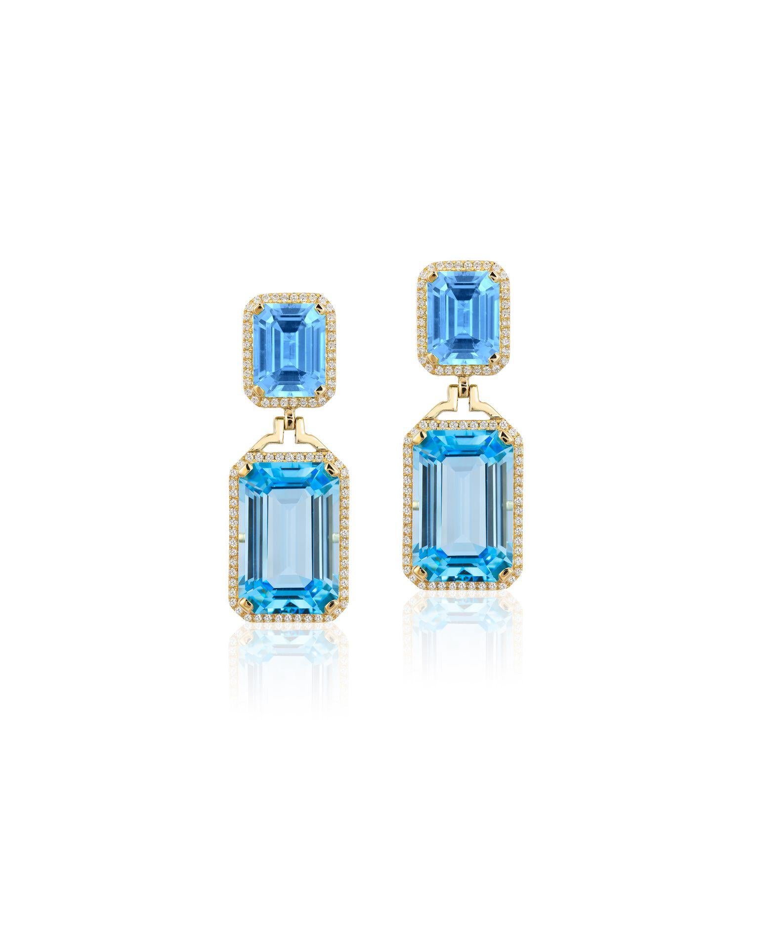 Blue Topaz Emerald Cut Earrings in 18K Yellow Gold with Diamonds from ‘Gossip’ Collection
Stone Size: 15 x 10 mm & 9 X 7 mm
Gemstone Approx. Wt: Blue Topaz- 24.21 Carats
Diamonds: G-H / VS, Approx. Wt: 0.48 Carats