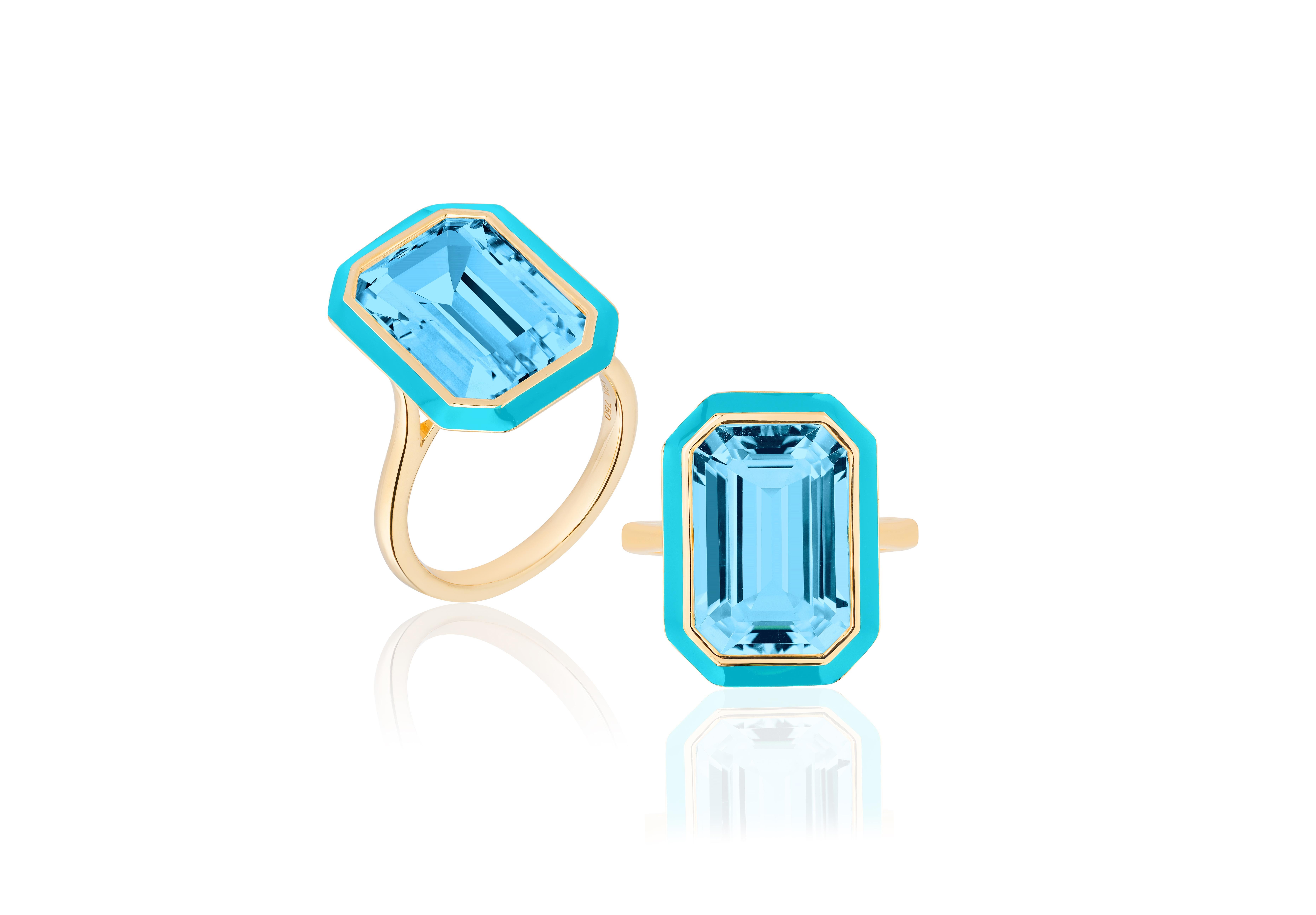 This is a unique combination of Blue Topaz and Turquoise enamel. If you want to make a statement this is the perfect ring to do it!

A 10 x 15 mm Blue Topaz Emerald cut ring in a bezel setting, with Turquoise enamel in the borders.

Gemstone: 100%