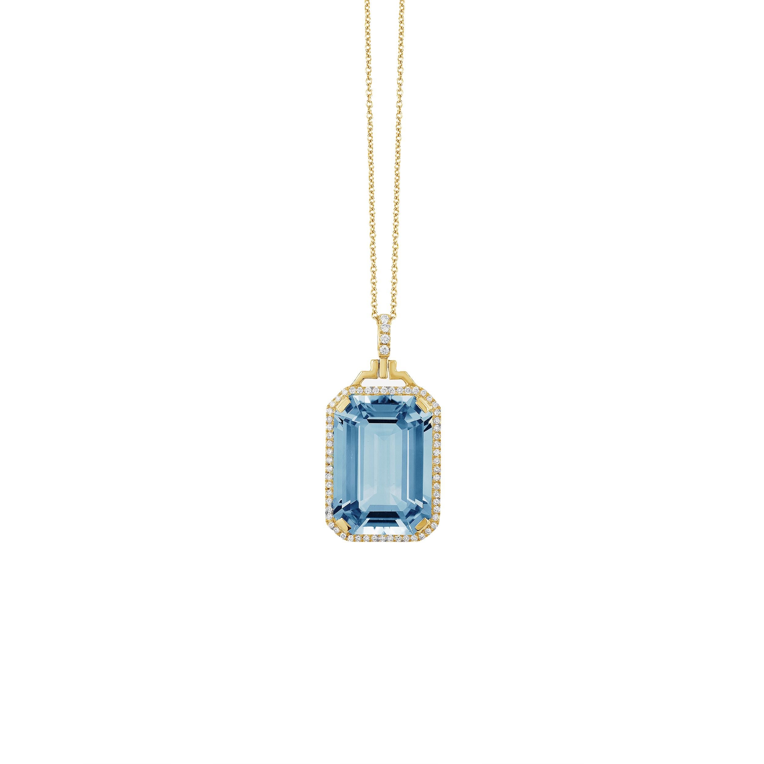 Blue Topaz Emerald Cut Pendant with Diamonds in 18K Yellow Gold, from 'Gossip' Collection on a 18'' Chain
 
 Stone Size: 14 x 20 mm 
 
 Gemstone Approx Wt: Blue Topaz- 21.80 Carats 
 
 Diamonds: G-H / VS, Approx Wt : 0.30 Carats