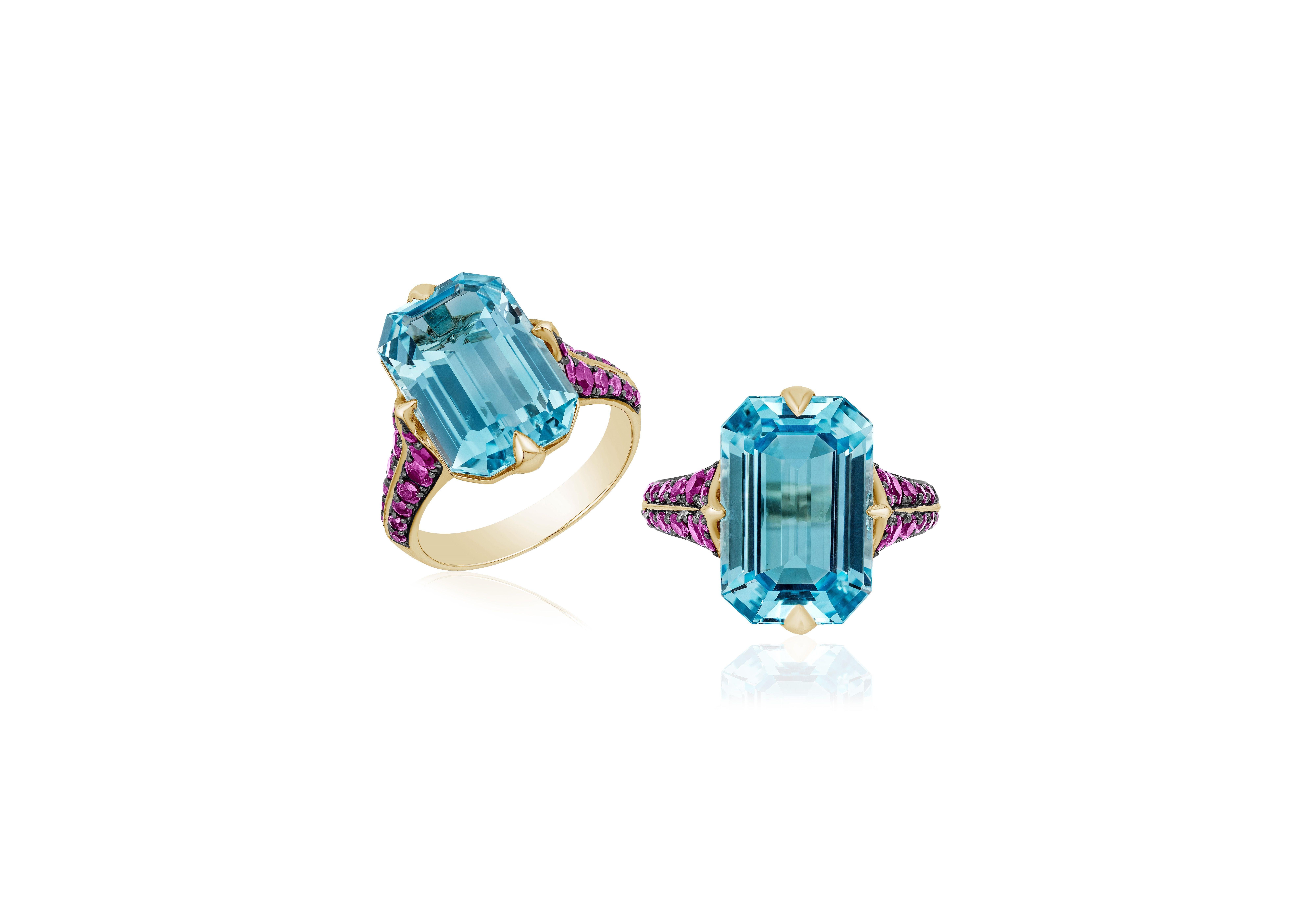 Blue Topaz and Pink Sapphire Ring in 18K Yellow Gold and Light Black Rhodium, from 'Rain-Forest' Collection
 Stone Size: 15 x 10 mm
 Gemstone Approx. Wt: Blue Topaz- 9.44 Carats
 Pink Sapphire- 0.88 Carats