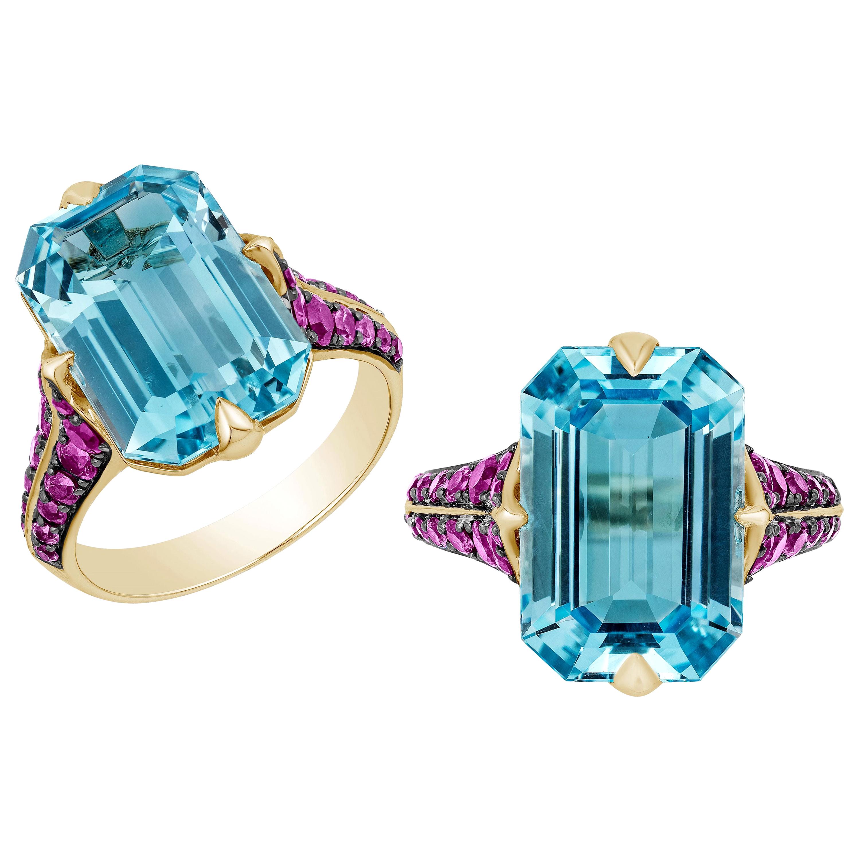 Goshwara Blue Topaz Emerald Cut with Pink Sapphire Ring
