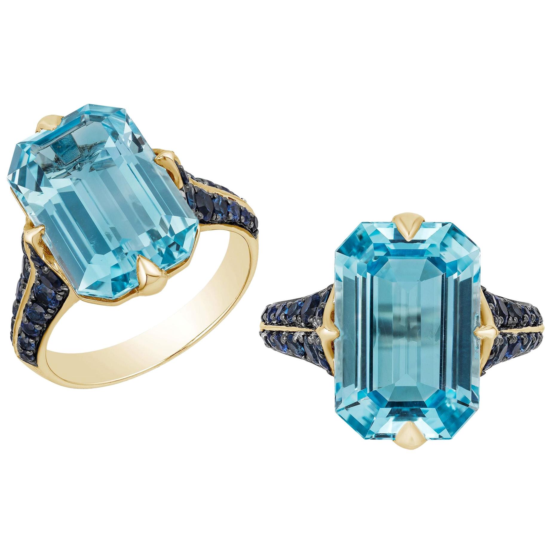 Goshwara Emerald Cut Blue Topaz And Sapphire Ring  For Sale