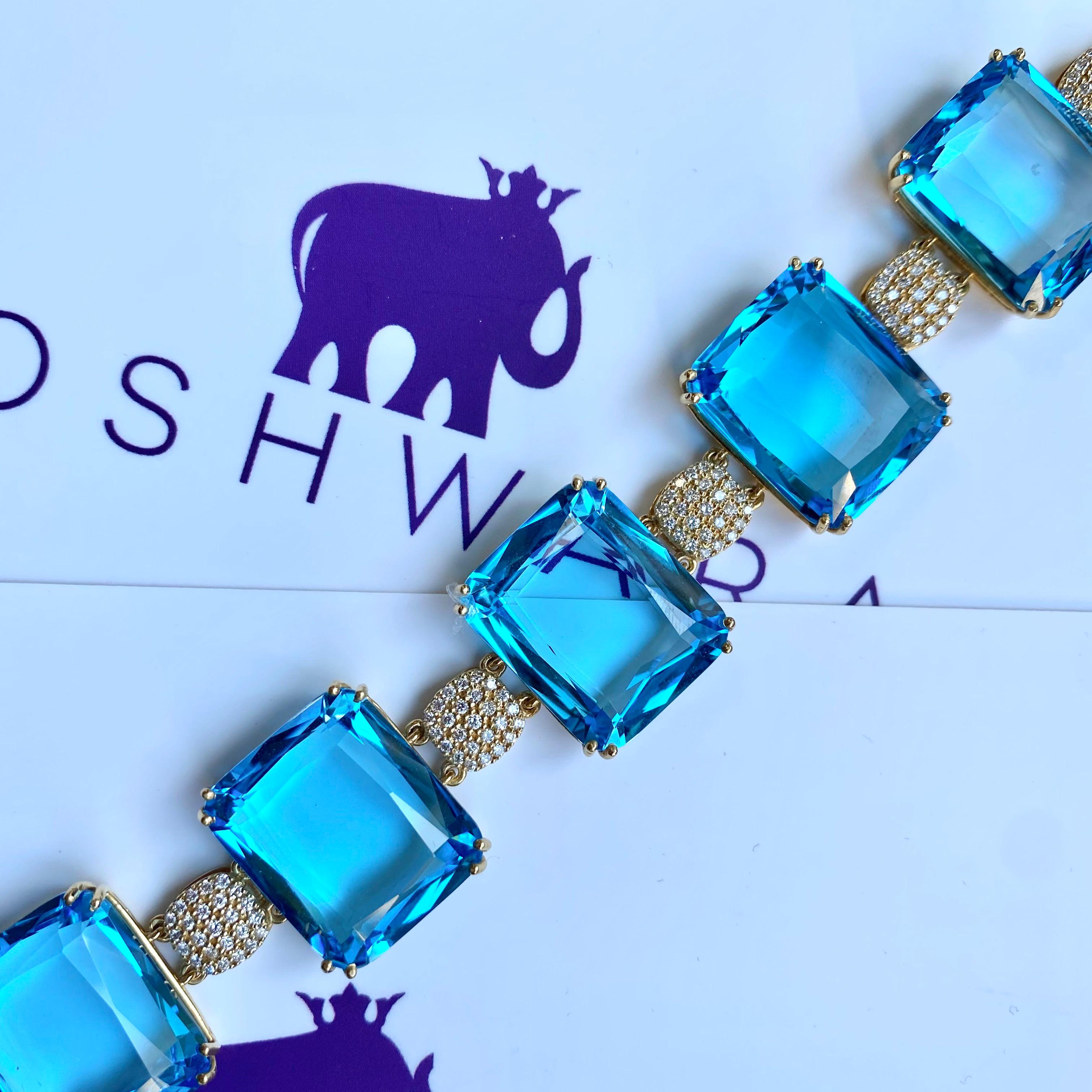 Bracelet Goshwara à coussin plat facetté en topaze bleue et diamants Pour femmes en vente