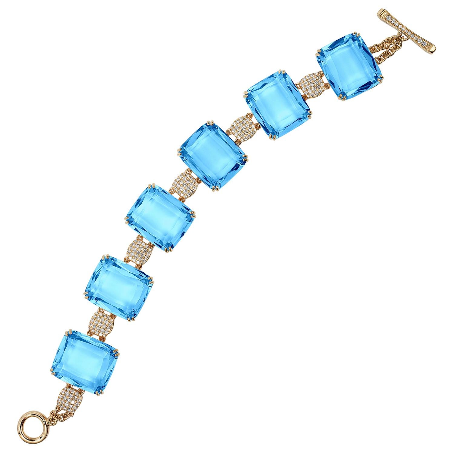 Goshwara Blue Topaz Faceted Flat Cushion and Diamond Bracelet For Sale