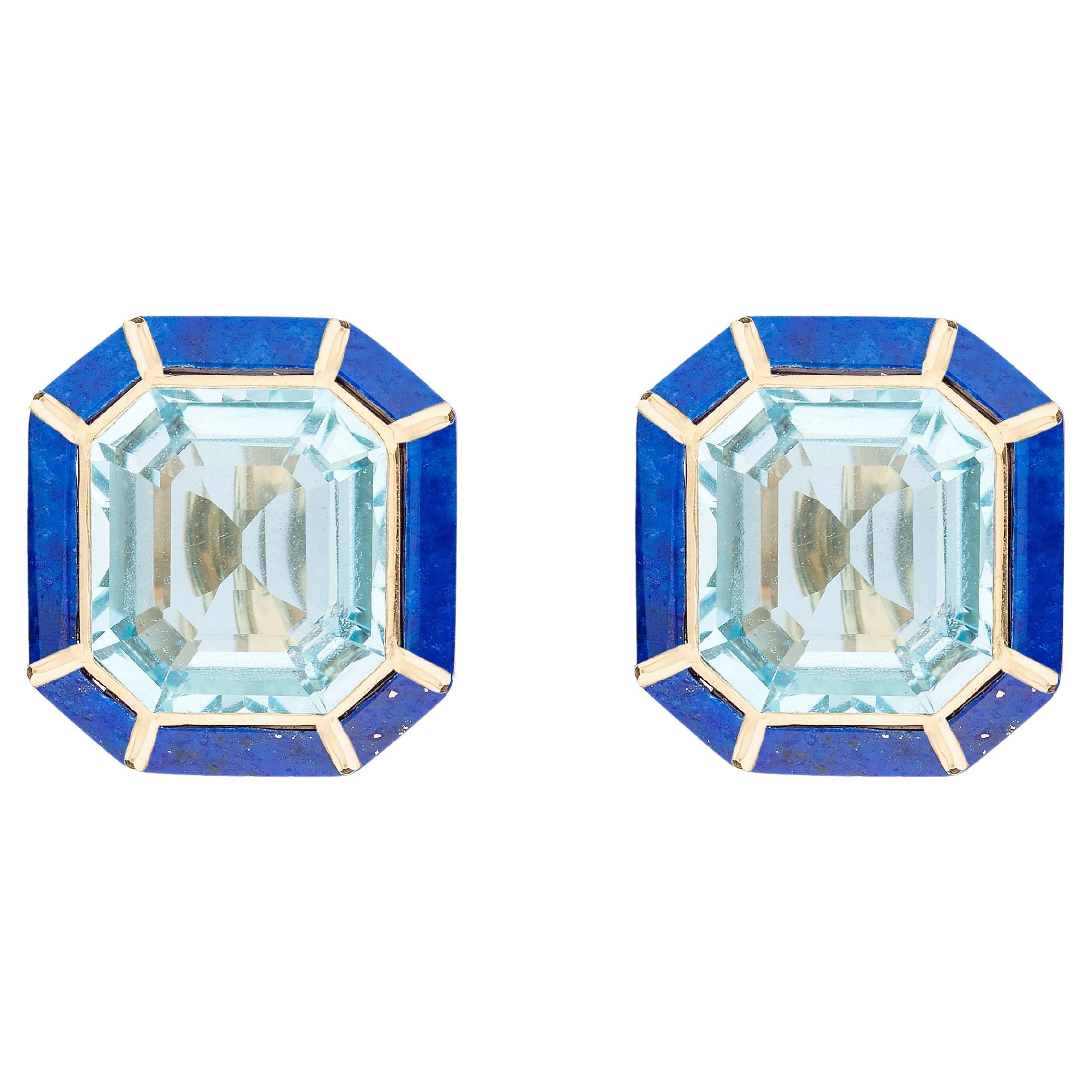 Clous d'oreilles Goshwara incrustés de topaze bleue et de lapis-lazuli en vente