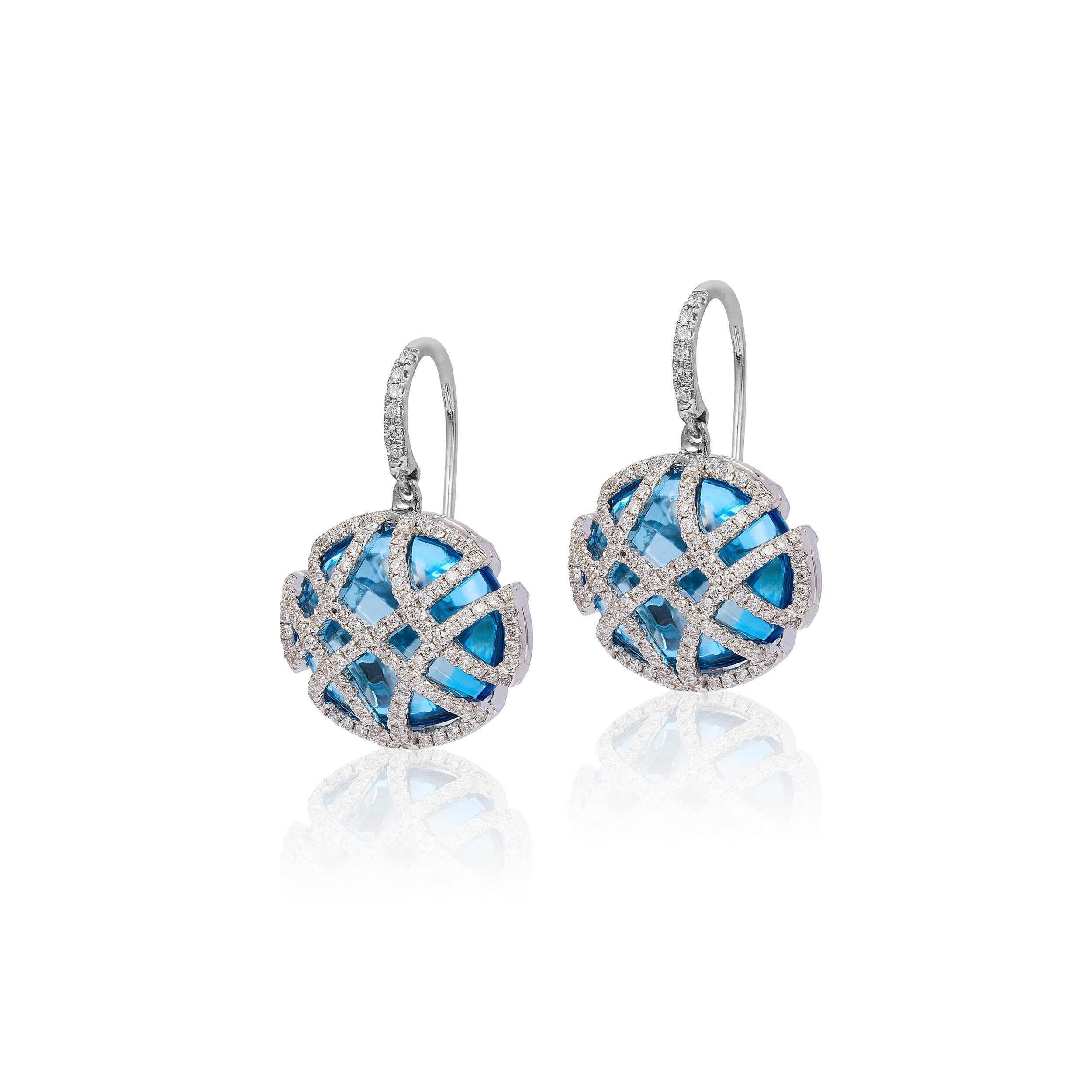 Blue Topaz Oblong Cage Earring with Diamonds on Wire in 18K White Gold, from 'Freedom' Collection
 
 Stone Size: 16 x 13.5 mm
 
 Gemstone Approx Wt: Blue Topaz- 32.95 Carats 
 
 Diamonds: G-H / VS, Approx Wt: 1.12 Carats