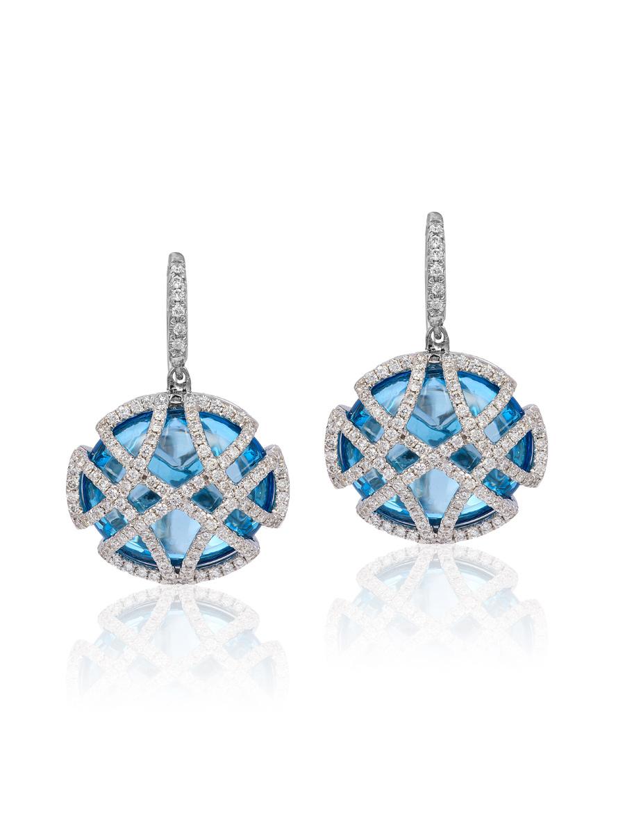 Contemporary Goshwara Blue Topaz Oblong with Diamonds Earrings
