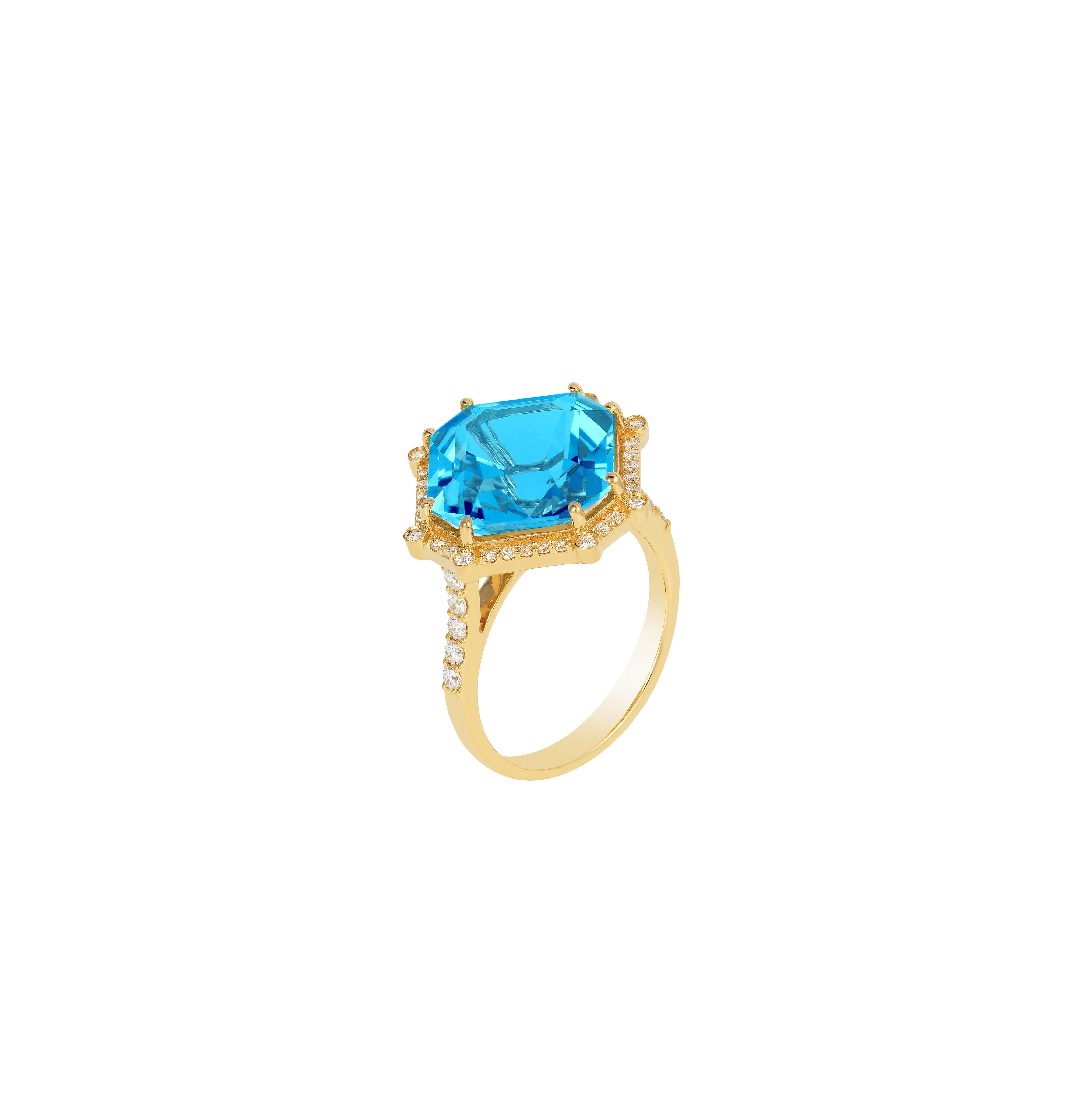 Blue Topaz Octagon Ring in 18K Yellow Gold with Diamonds from 'Gossip' Collection
 Stone Size: 9 x 9 mm
 Diamonds: G-H / VS, Approx Wt: 0.20 Cts