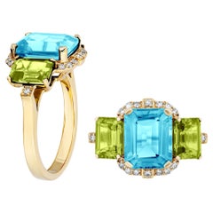 Goshwara Blue Topaz & Peridot 3 Stone Emerald Cut with Diamonds Ring