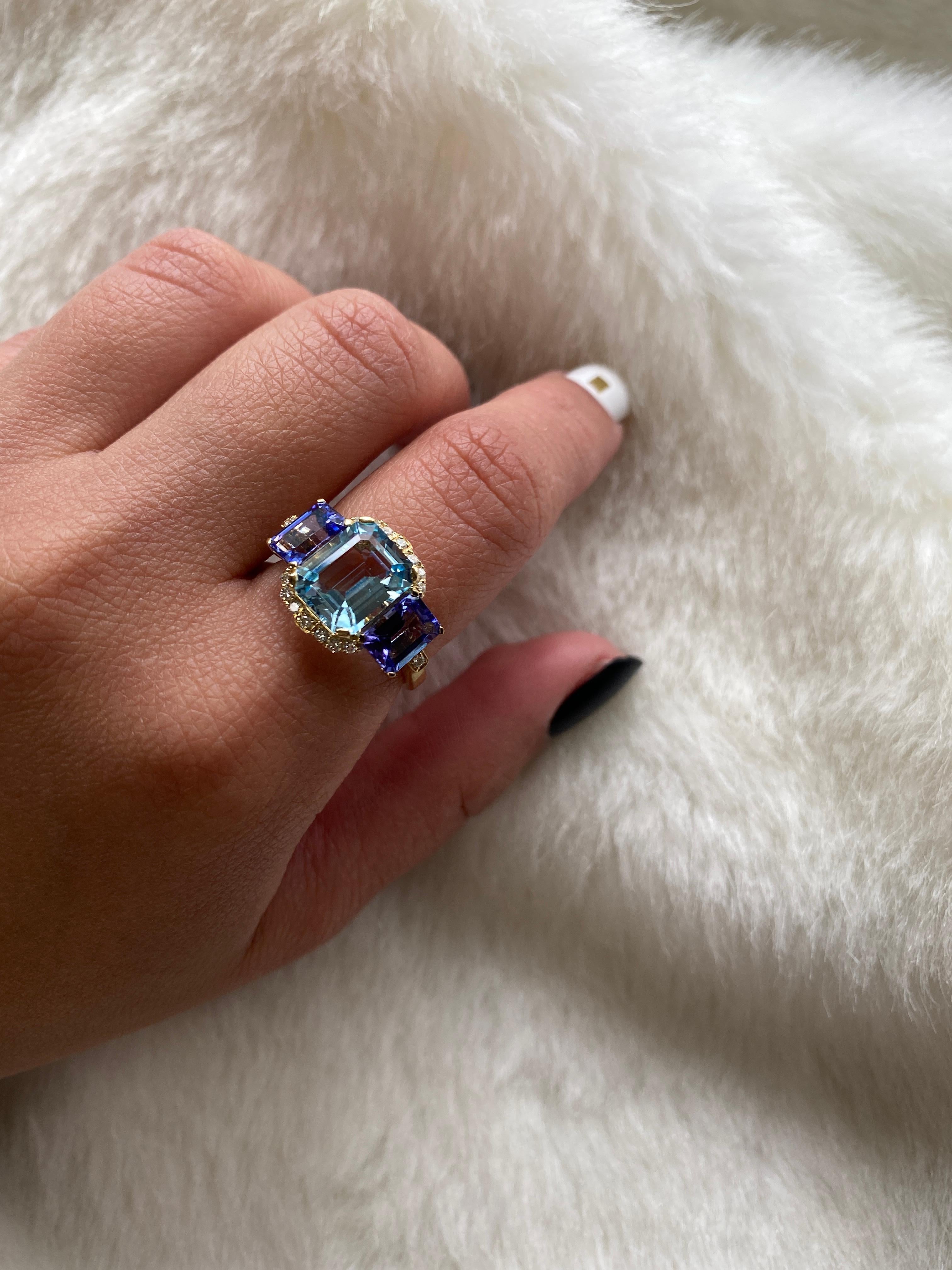 A perfect combination of Blue Topaz and Tanzanite is this 3 Stone Emerald Cut Ring with Diamonds set in 18K Yellow Gold. From our popular 'Gossip' Collection, this piece carries a hint of shock value.

* Stone Size: 10 x 8 - 7 x 5 mm
* Gemstone: