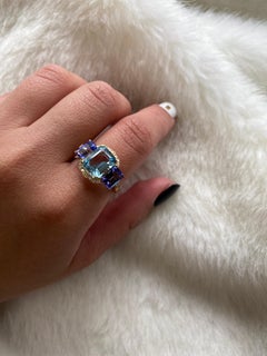 Goshwara Blue Topaz & Tanzanite 3 Stone Emerald Cut with Diamonds Ring