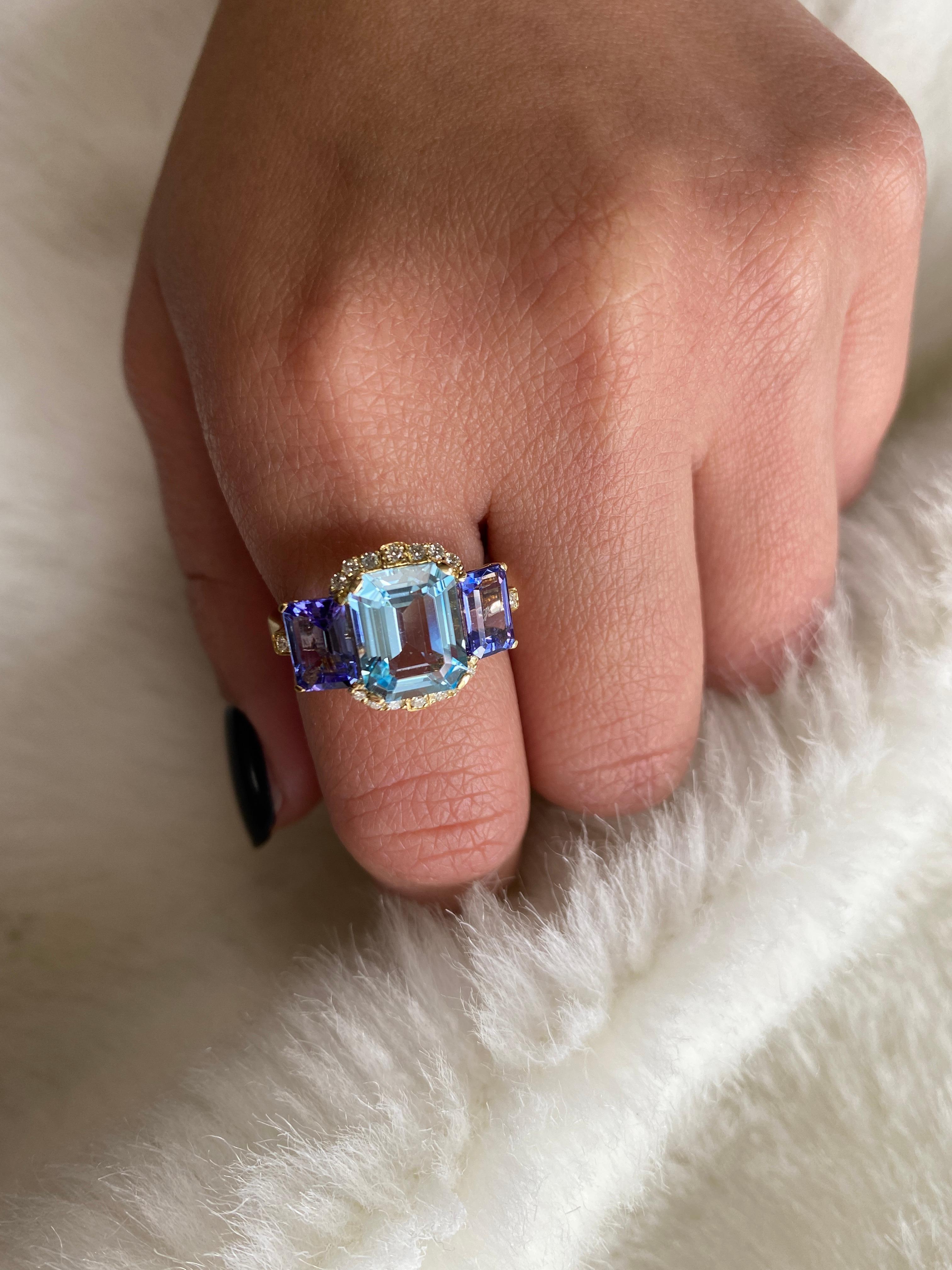 Contemporary Goshwara Blue Topaz & Tanzanite 3 Stone Emerald Cut with Diamonds Ring For Sale