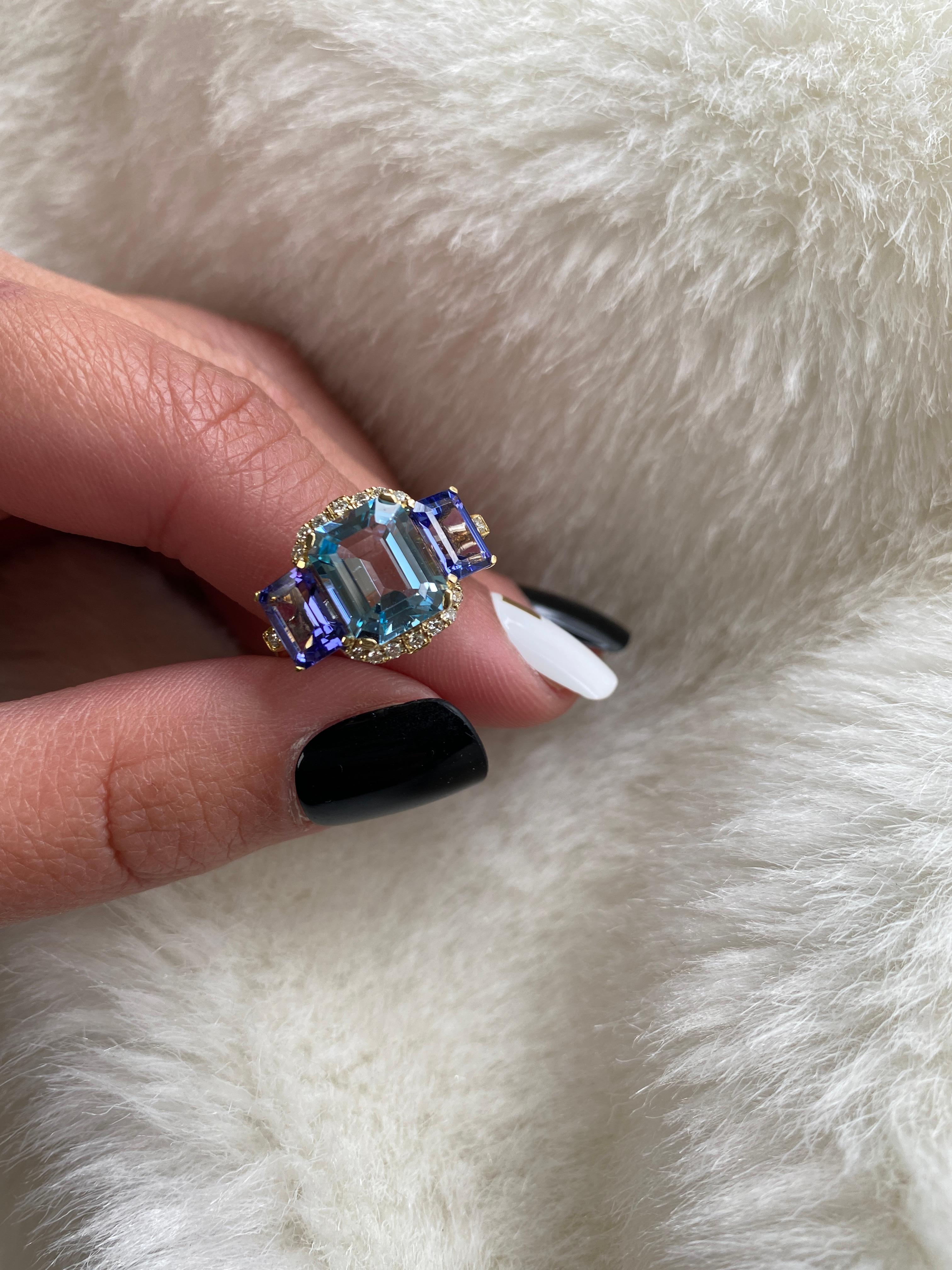 Goshwara Blue Topaz & Tanzanite 3 Stone Emerald Cut with Diamonds Ring In New Condition For Sale In New York, NY