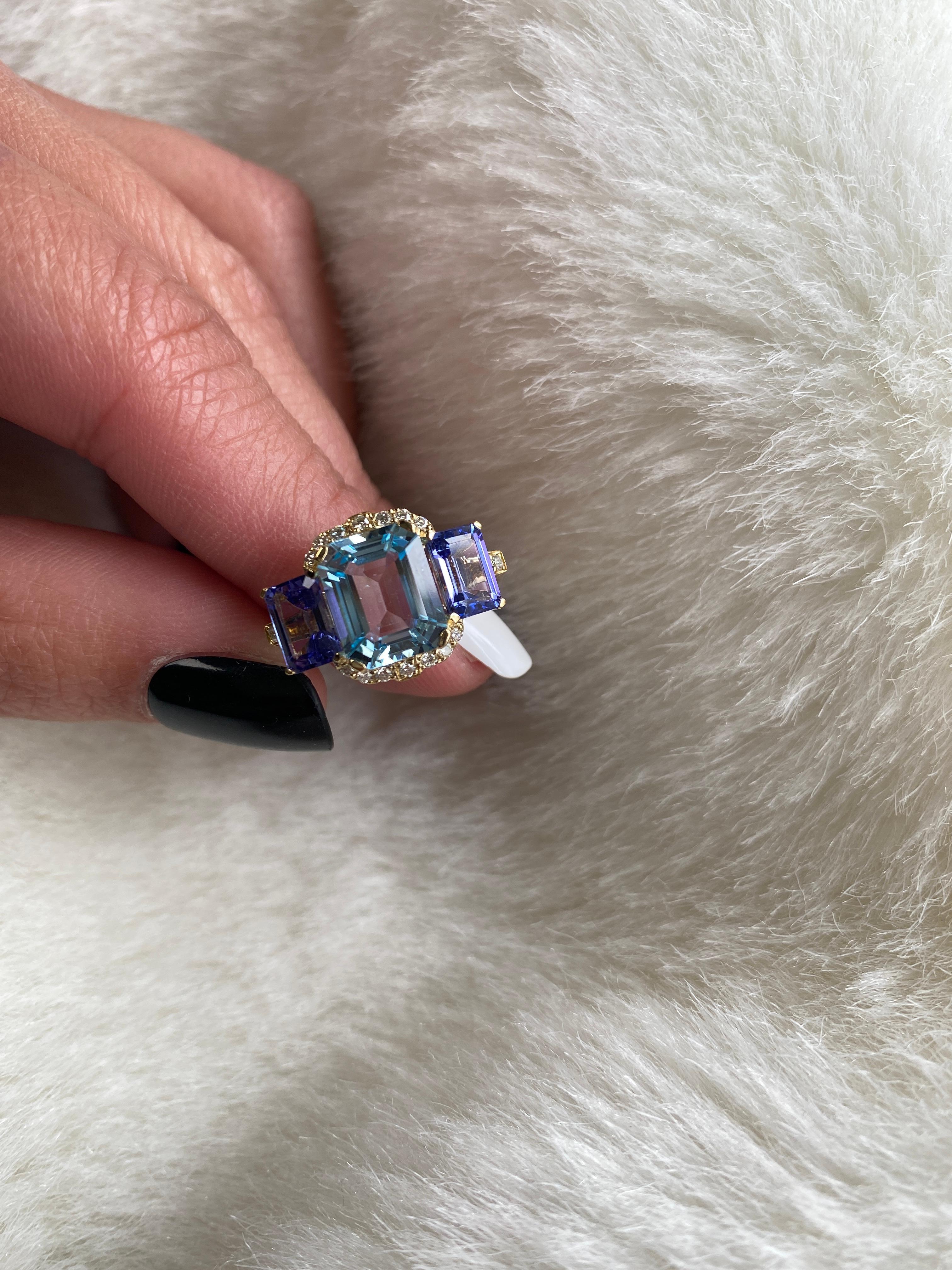Women's Goshwara Blue Topaz & Tanzanite 3 Stone Emerald Cut with Diamonds Ring For Sale