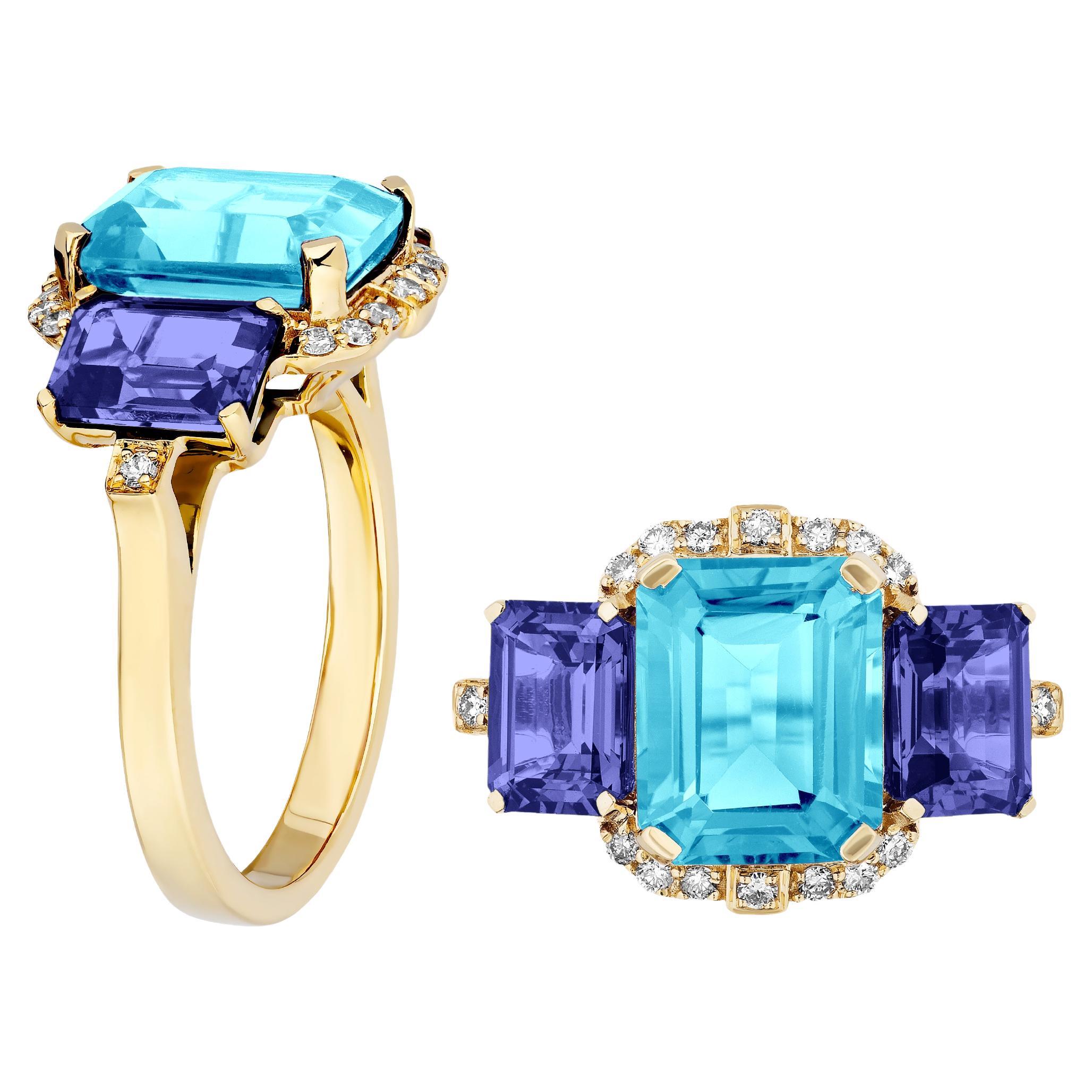 Goshwara Blue Topaz & Tanzanite 3 Stone Emerald Cut with Diamonds Ring For Sale