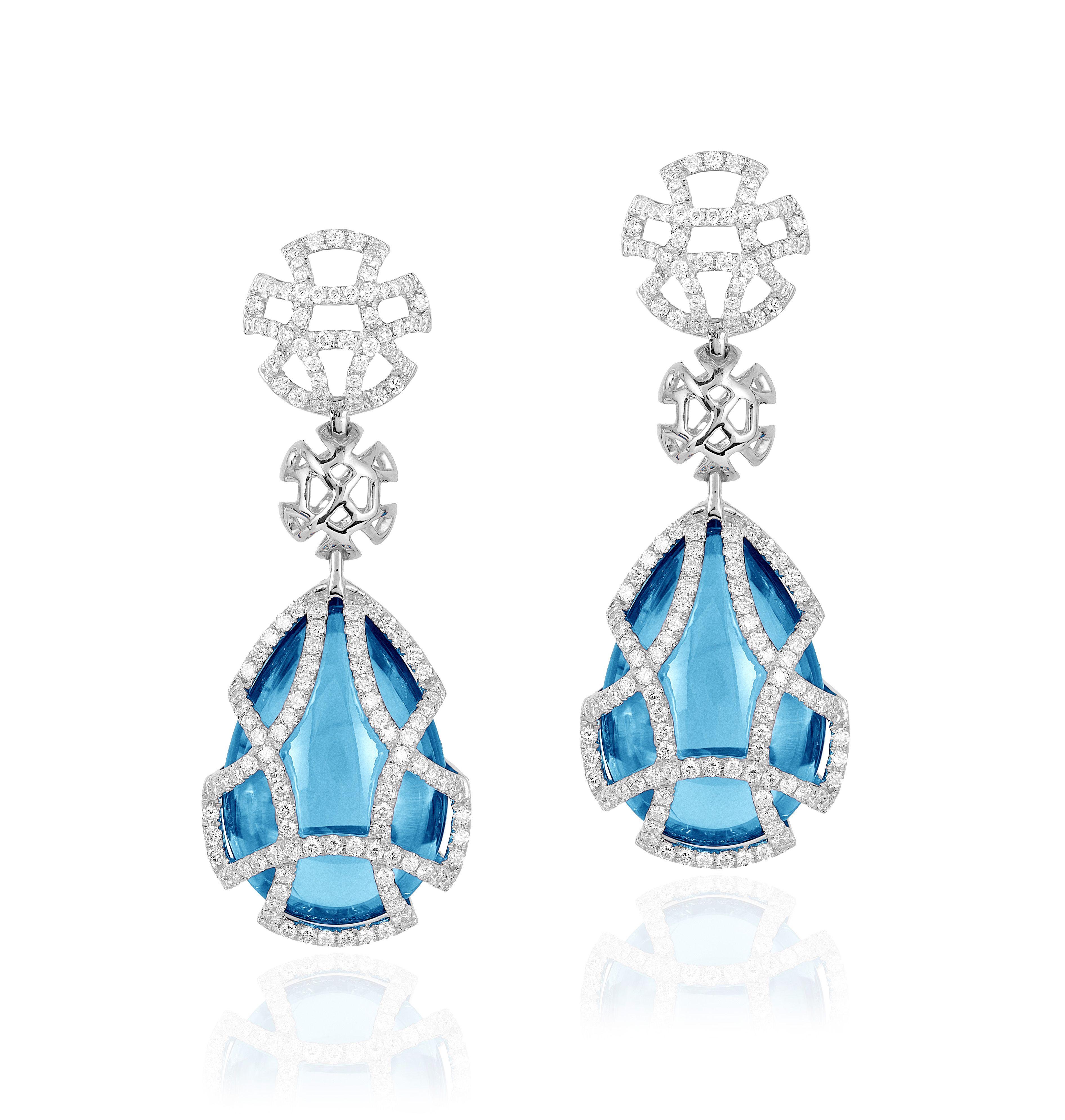 Blue Topaz Teardrop Cage Earring with Diamonds in 18K Yellow Gold from 'Freedom