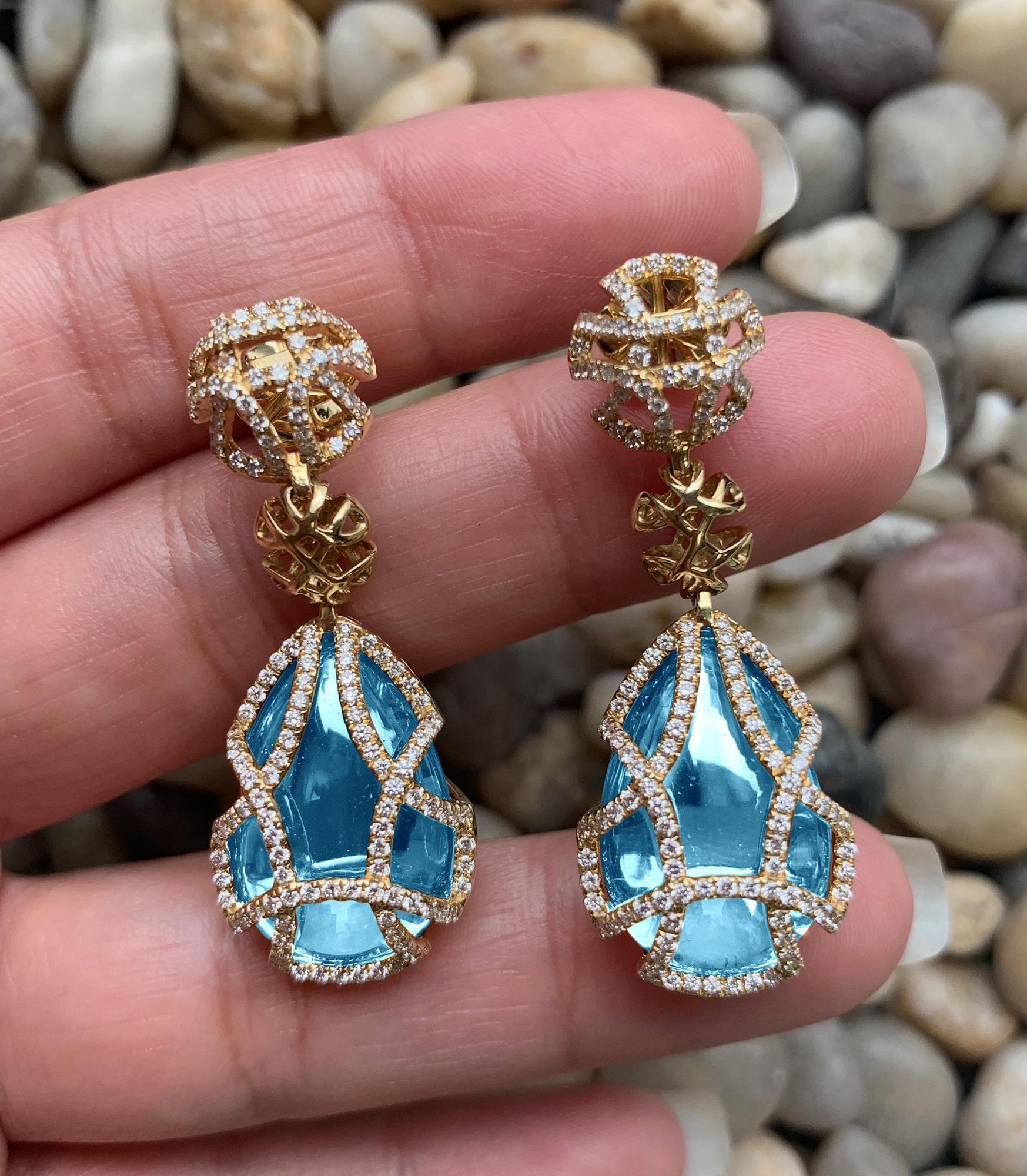 Contemporary Goshwara Blue Topaz Teardrop Cage and Diamond Earrings For Sale