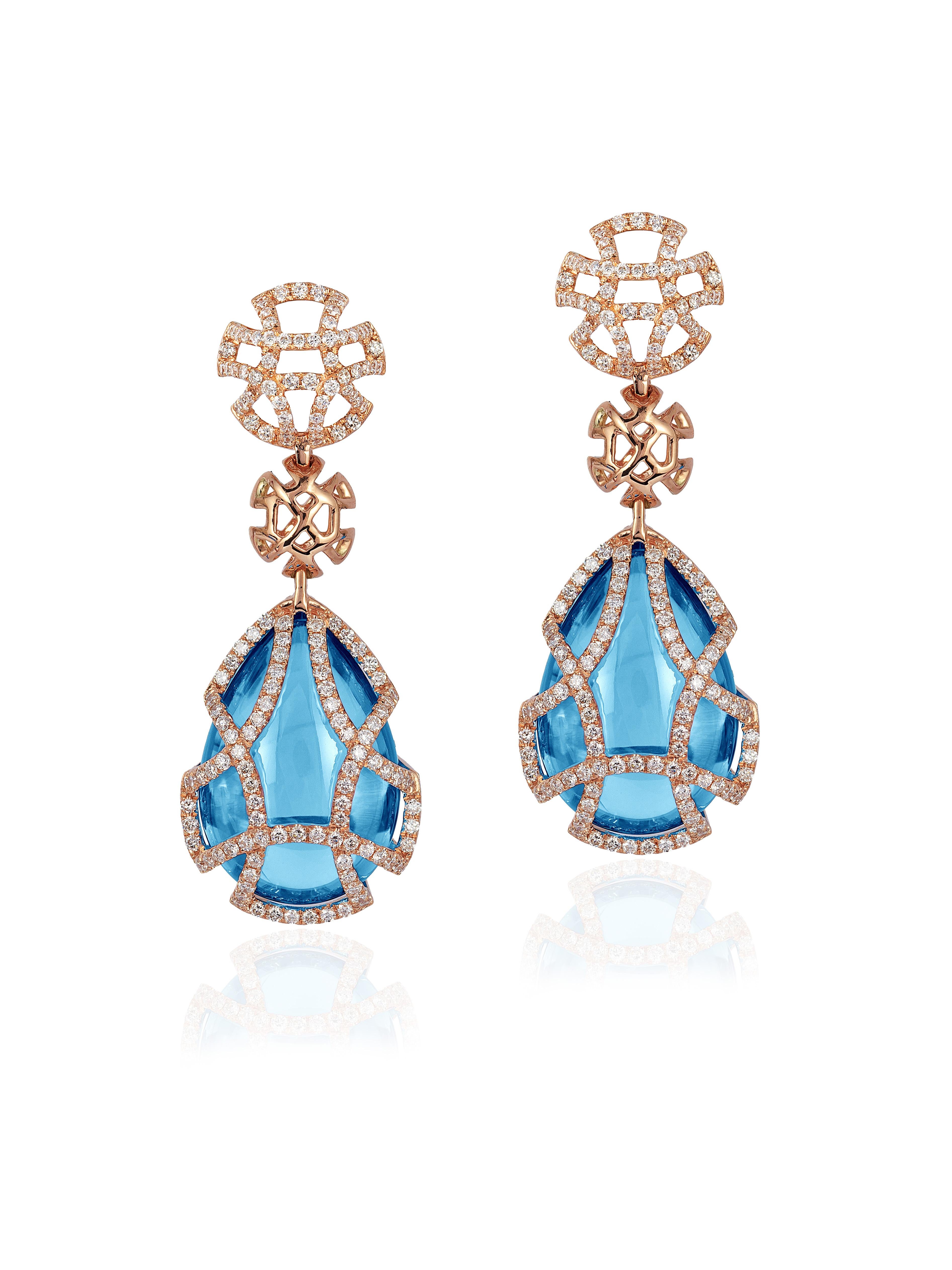 Pear Cut Goshwara Blue Topaz Teardrop Cage and Diamond Earrings For Sale