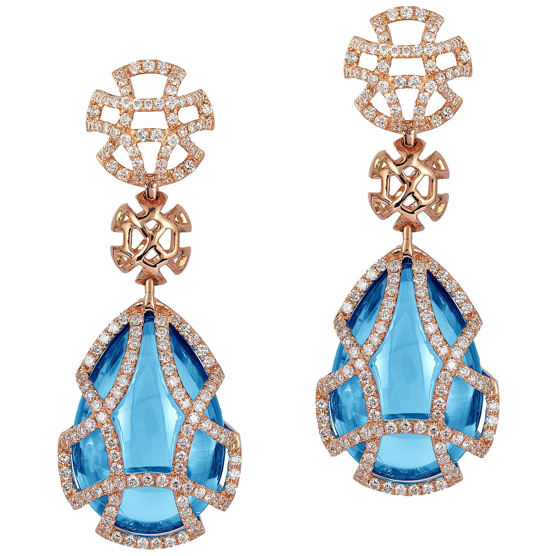 Goshwara Blue Topaz Teardrop Cage and Diamond Earrings For Sale