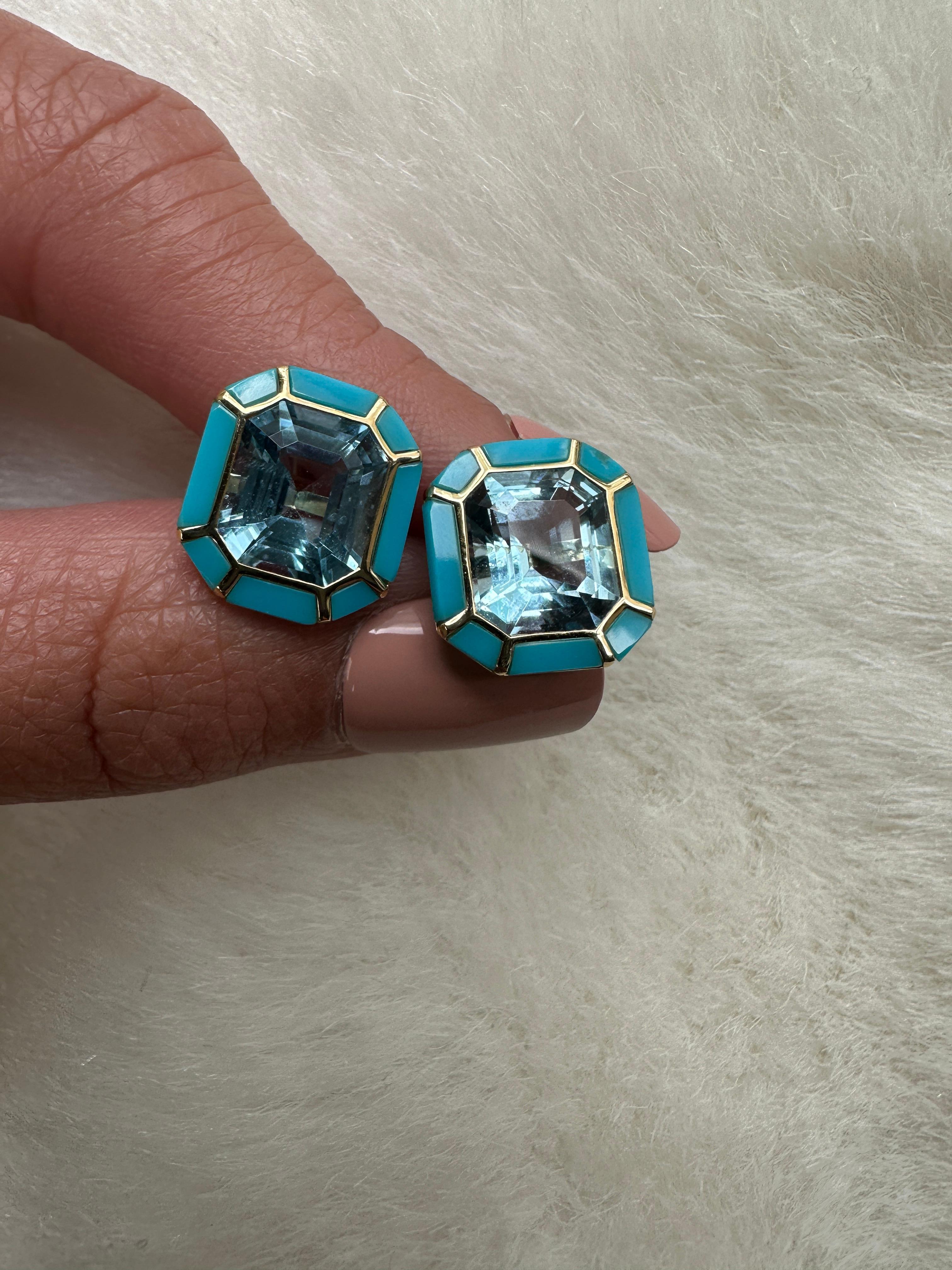 Contemporary Goshwara Blue Topaz & Turquoise Inlay Stud Earrings For Sale