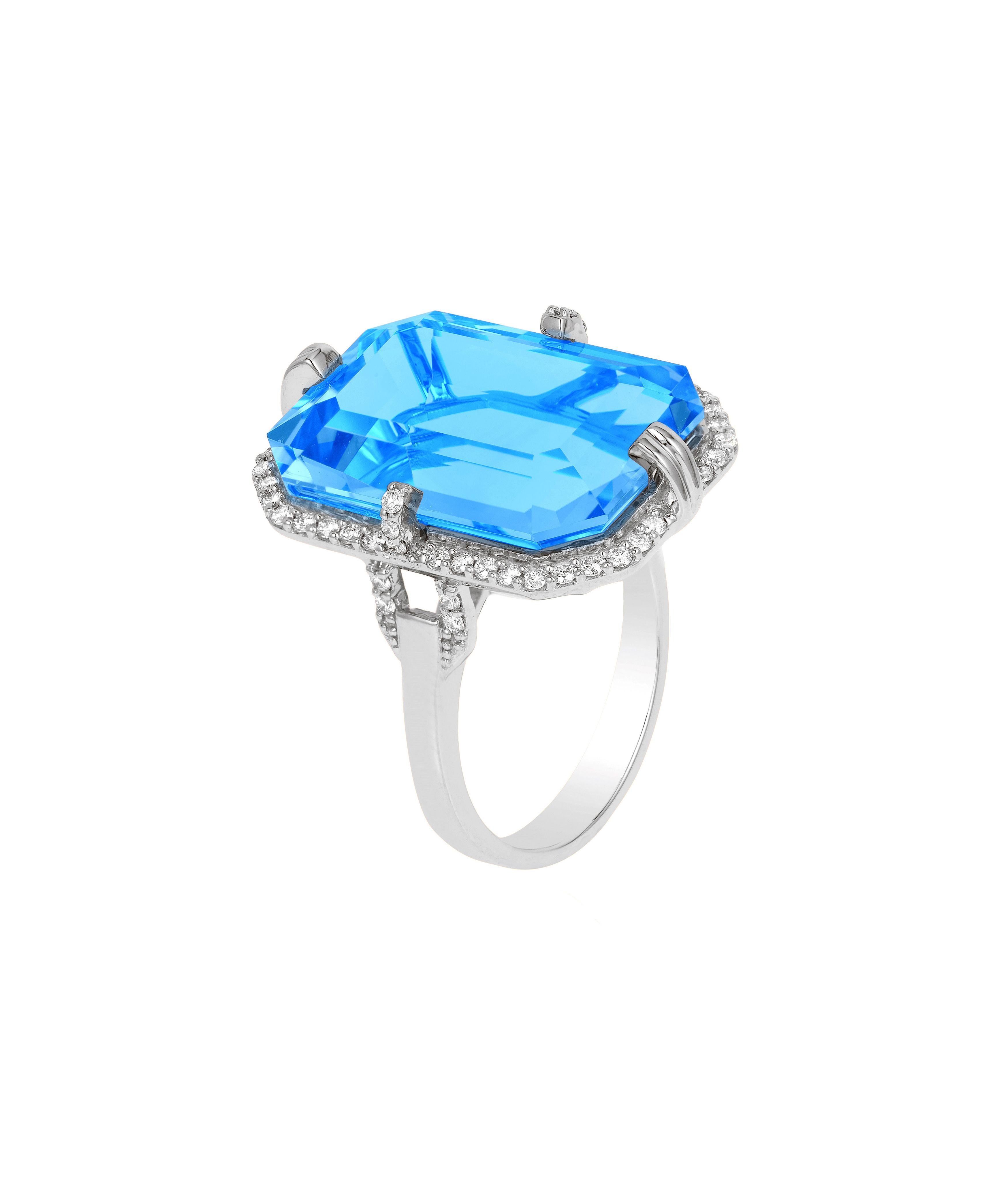 Emerald Cut Goshwara Blue Topaz with Diamonds Ring For Sale