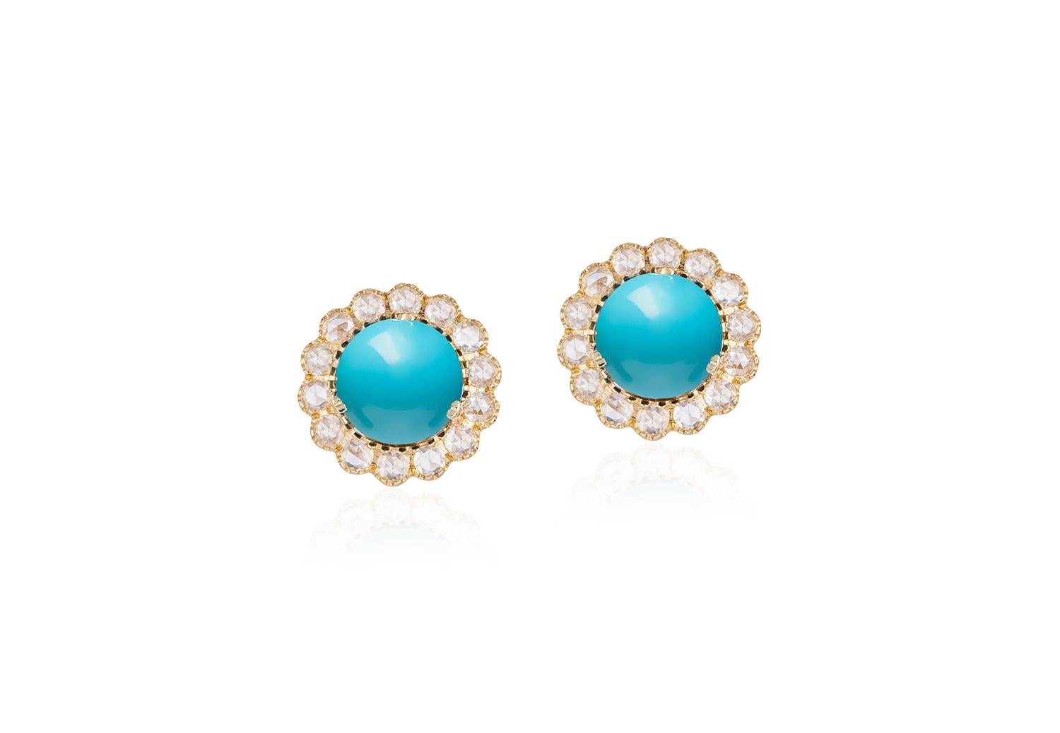 Turquoise Cabochon Earrings in 18K Yellow Gold with Rose Cuts Diamonds, from 'Rock 'N Roll' Collection 

Stone Size: 12 mm 

Diamonds: G-H / VS, Approx. Wt.: 1.23 Carats