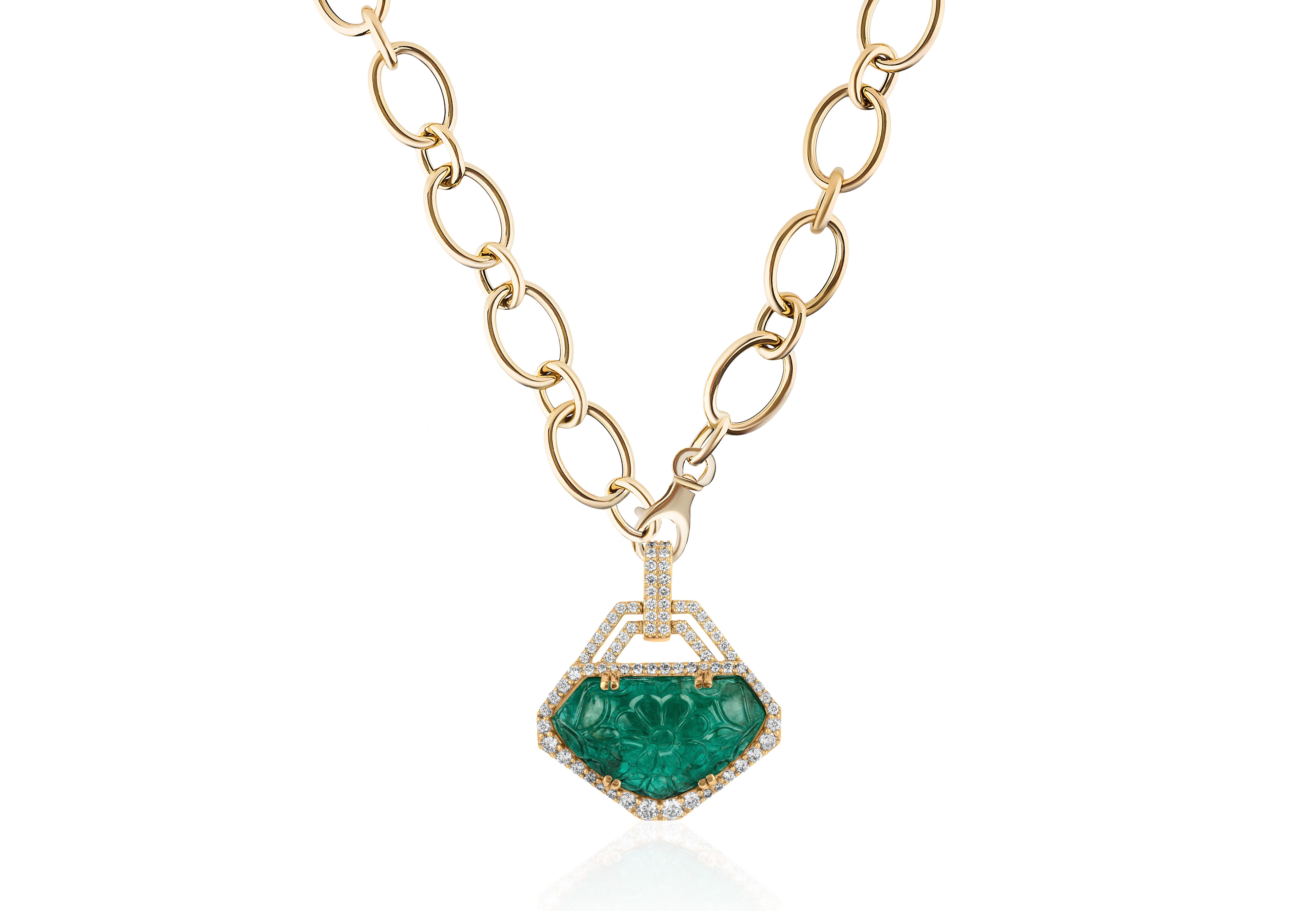 Carved Emerald & Diamond Pendant in 18K Yellow Gold, from 'G-One' Collection. Our G-One Collection undeniably carries the most special pieces of Goshwara. The sought-after, one-of-a-kind pieces speak to each unique personality of the person wearing