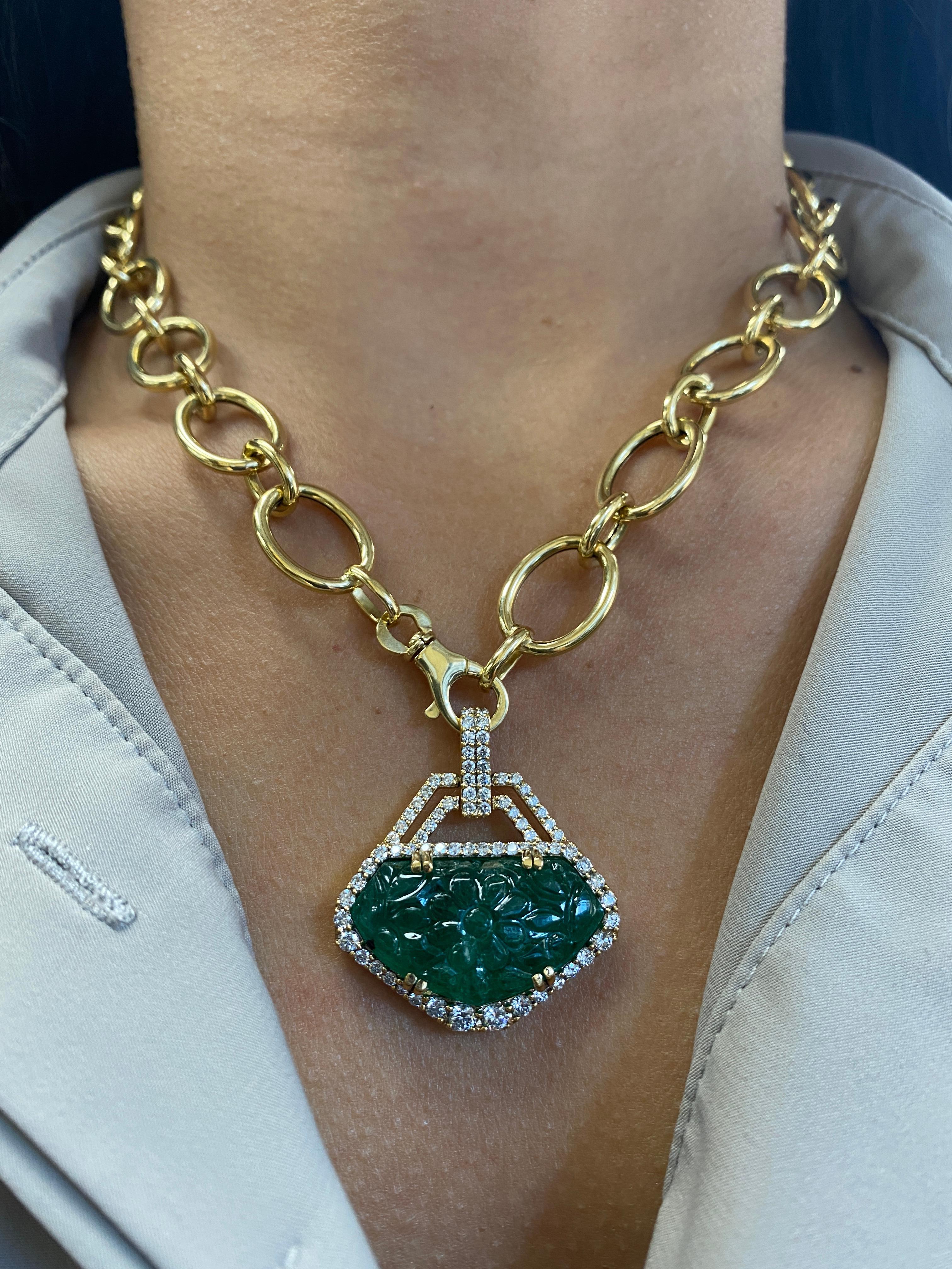 Contemporary Goshwara Carved Emerald & Diamond Pendant