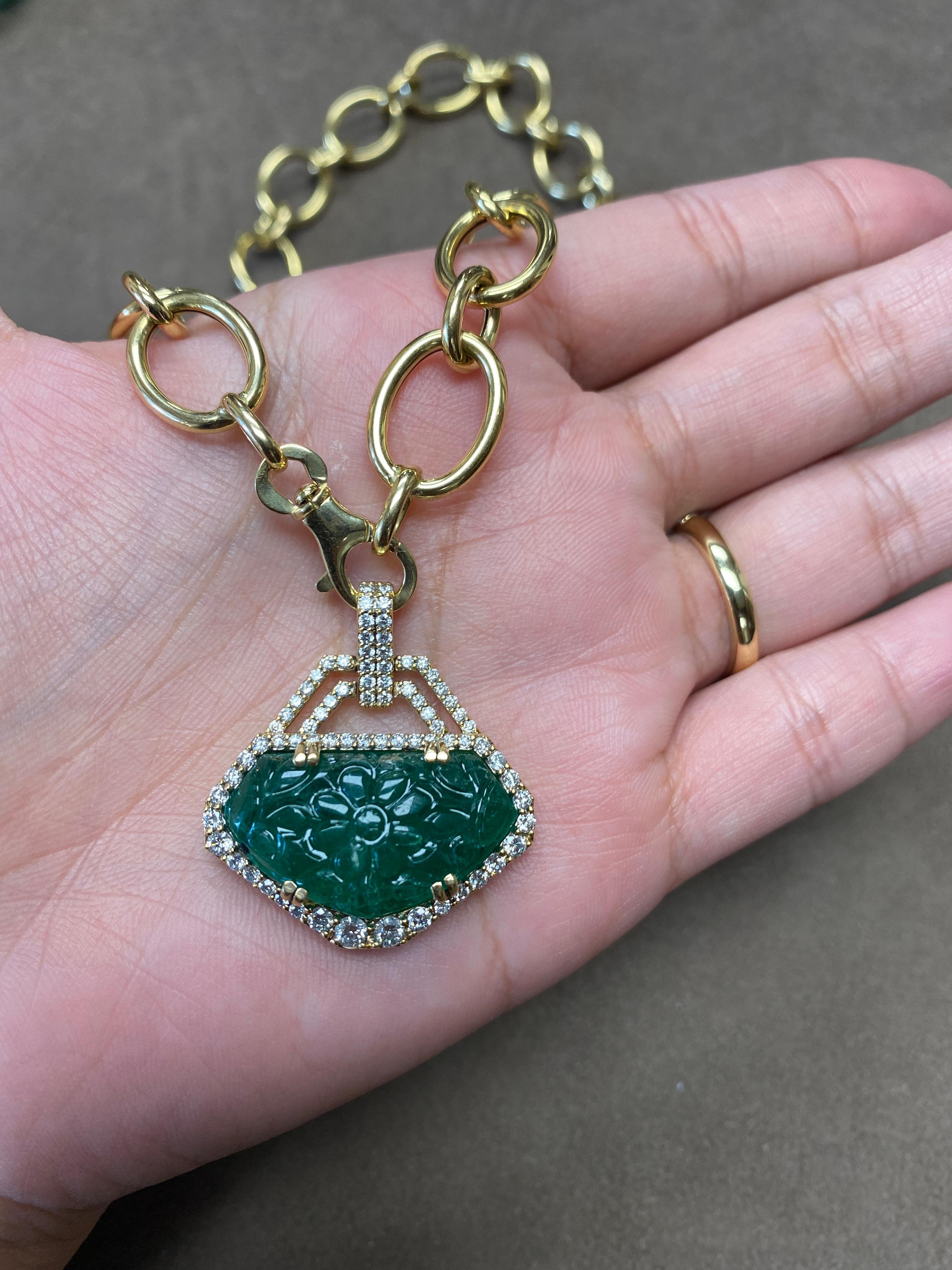 Mixed Cut Goshwara Carved Emerald & Diamond Pendant