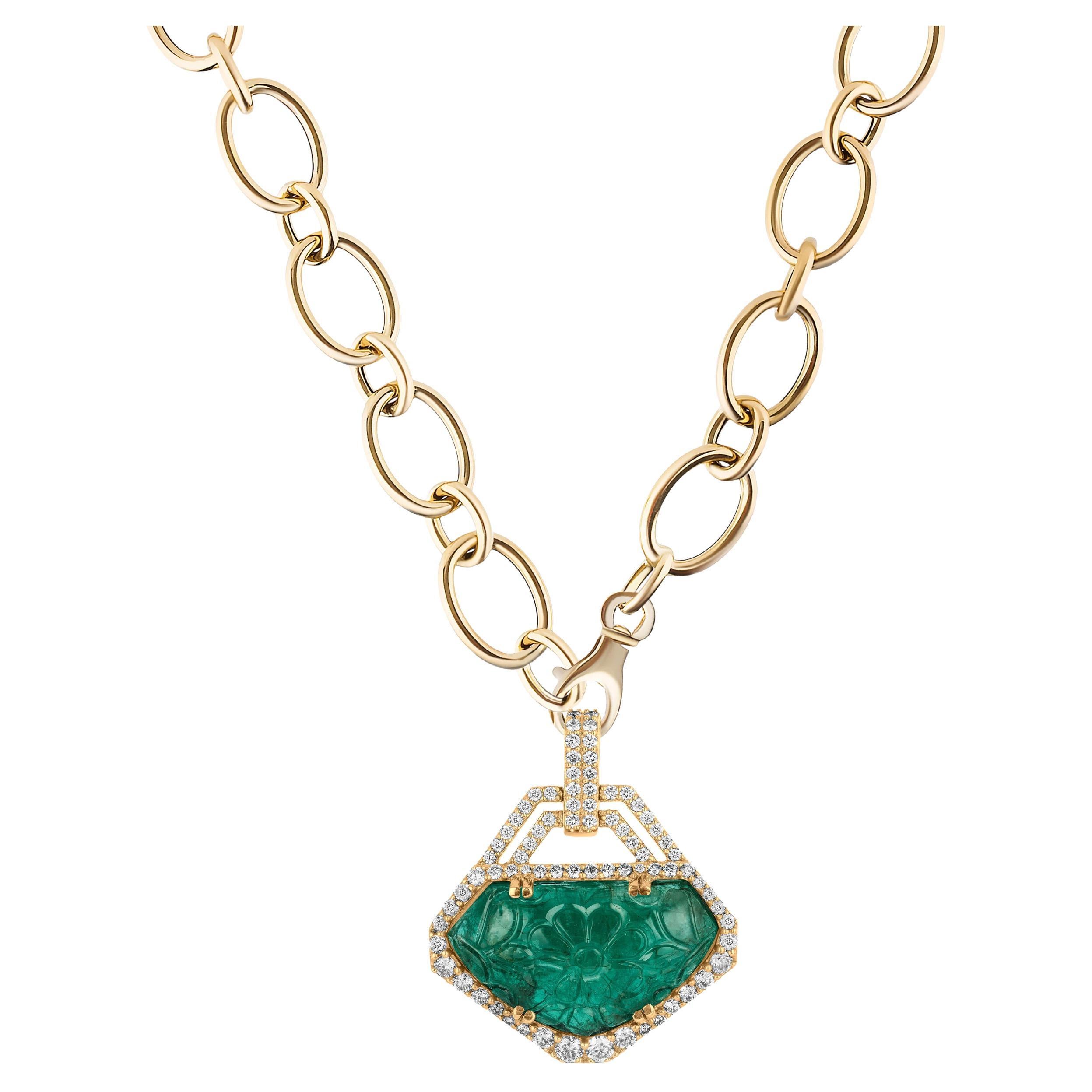 Goshwara Carved Emerald & Diamond Pendant For Sale